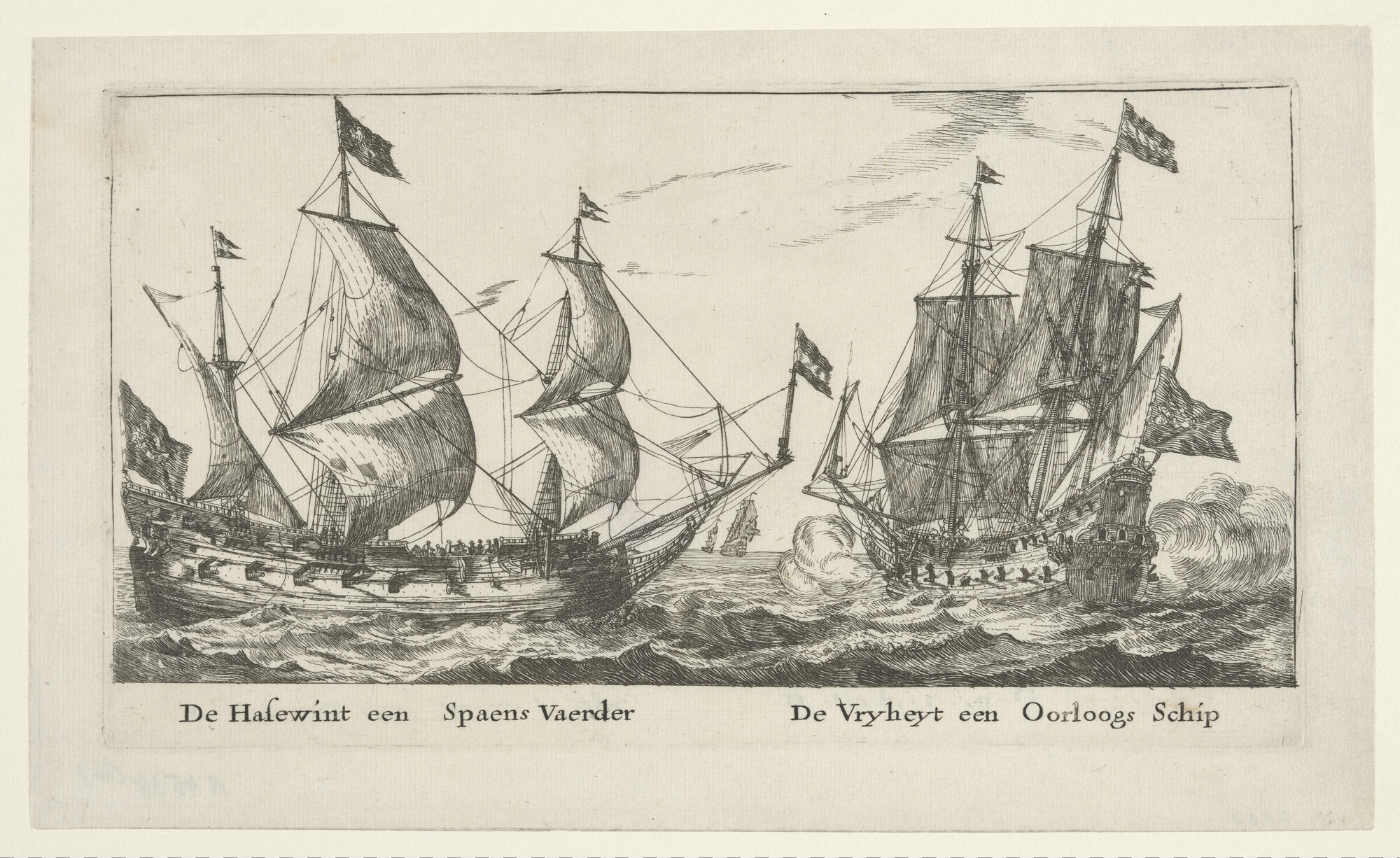 A.4534(a); Het fluitschip de 'Hasewint' en het oorlogsschip de 'Vrijheid'; prent