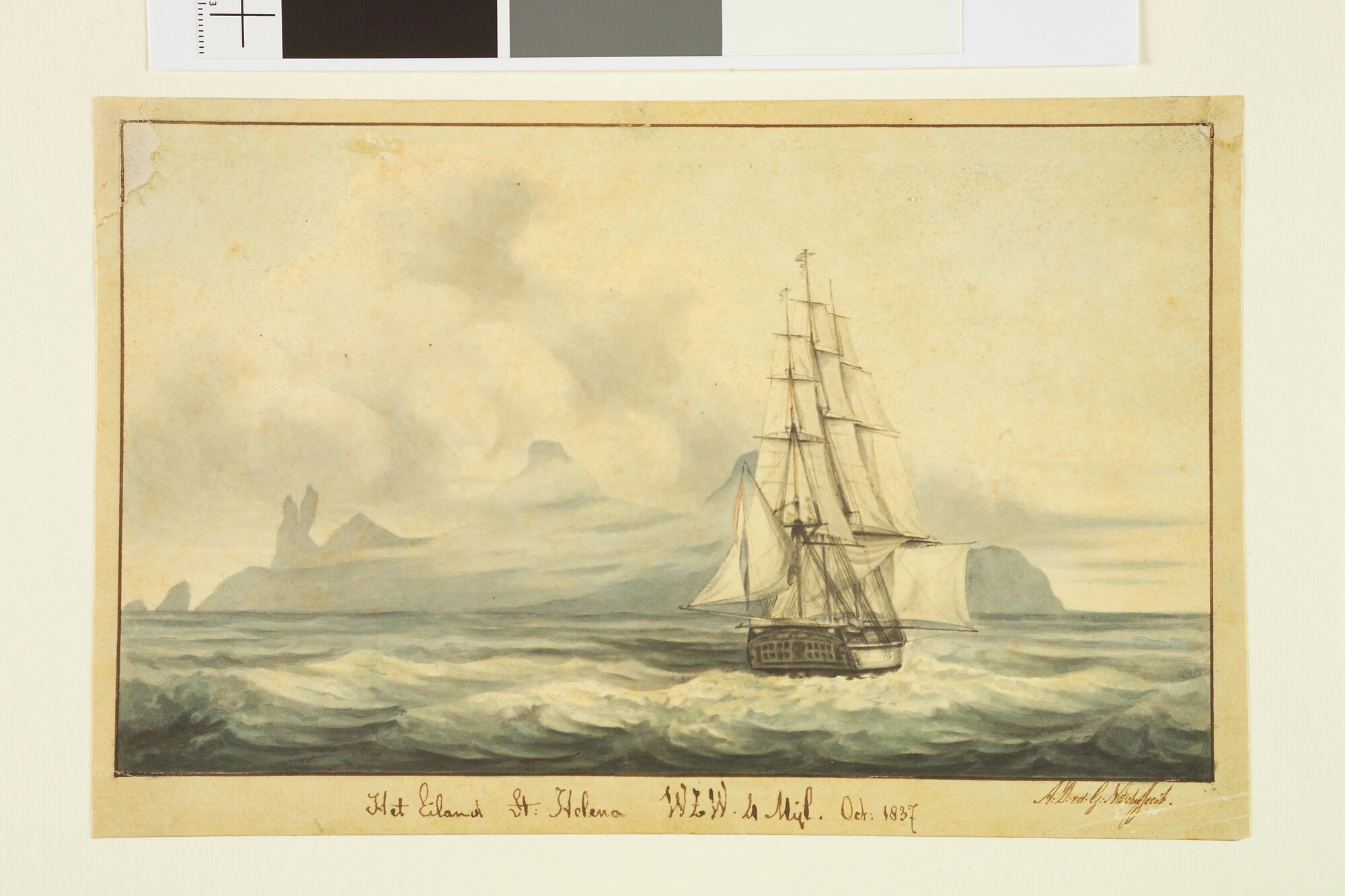 A.2235(04)b1; Een Nederlands oorlogsschip op de rede van het eiland Sint Helena; tekening