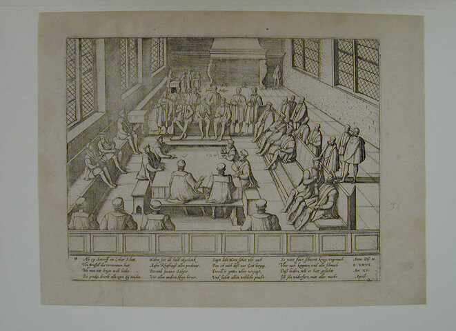 A.0145(027)161; Het prediken aan de Protestanten te Antwerpen verboden: op het Raadhuis worden de predikanten ontslagen; prent