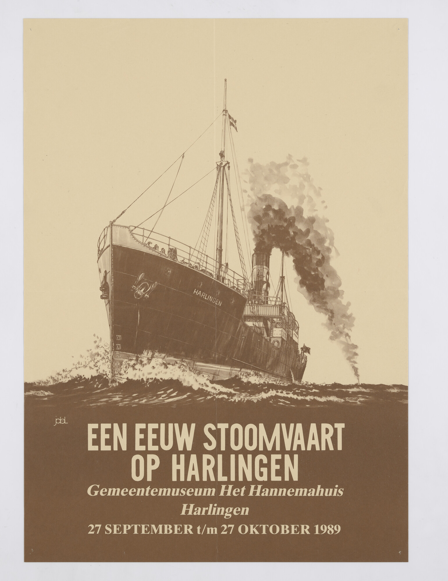 1993.5208; Affiche voor de tentoonstelling 'Een eeuw stoomvaart op Harlingen' in het Gemeentemuseum Het Hannemahuis [...]; affiche