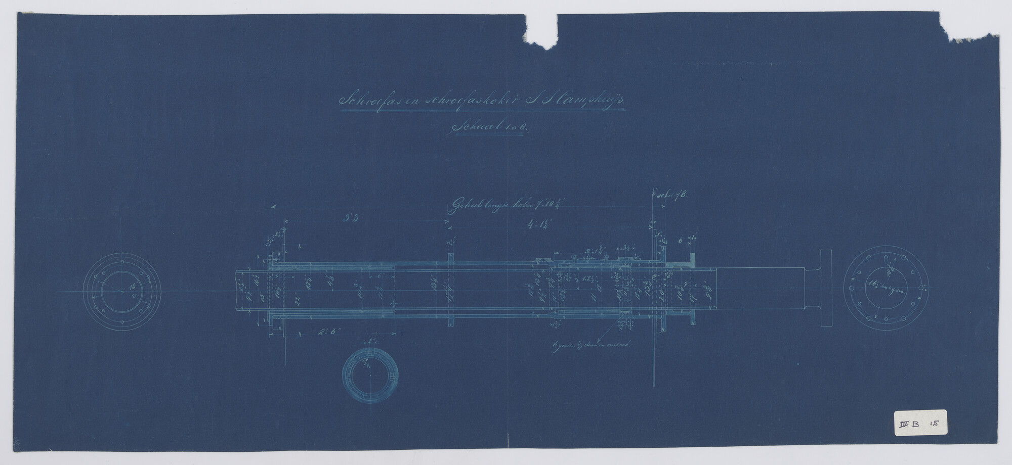 S.0027(047); Schroefaskoker met schroefas van de schroefstoomschepen  'Ruys' , 'Tegelberg' en 'Camphuys'; technische tekening