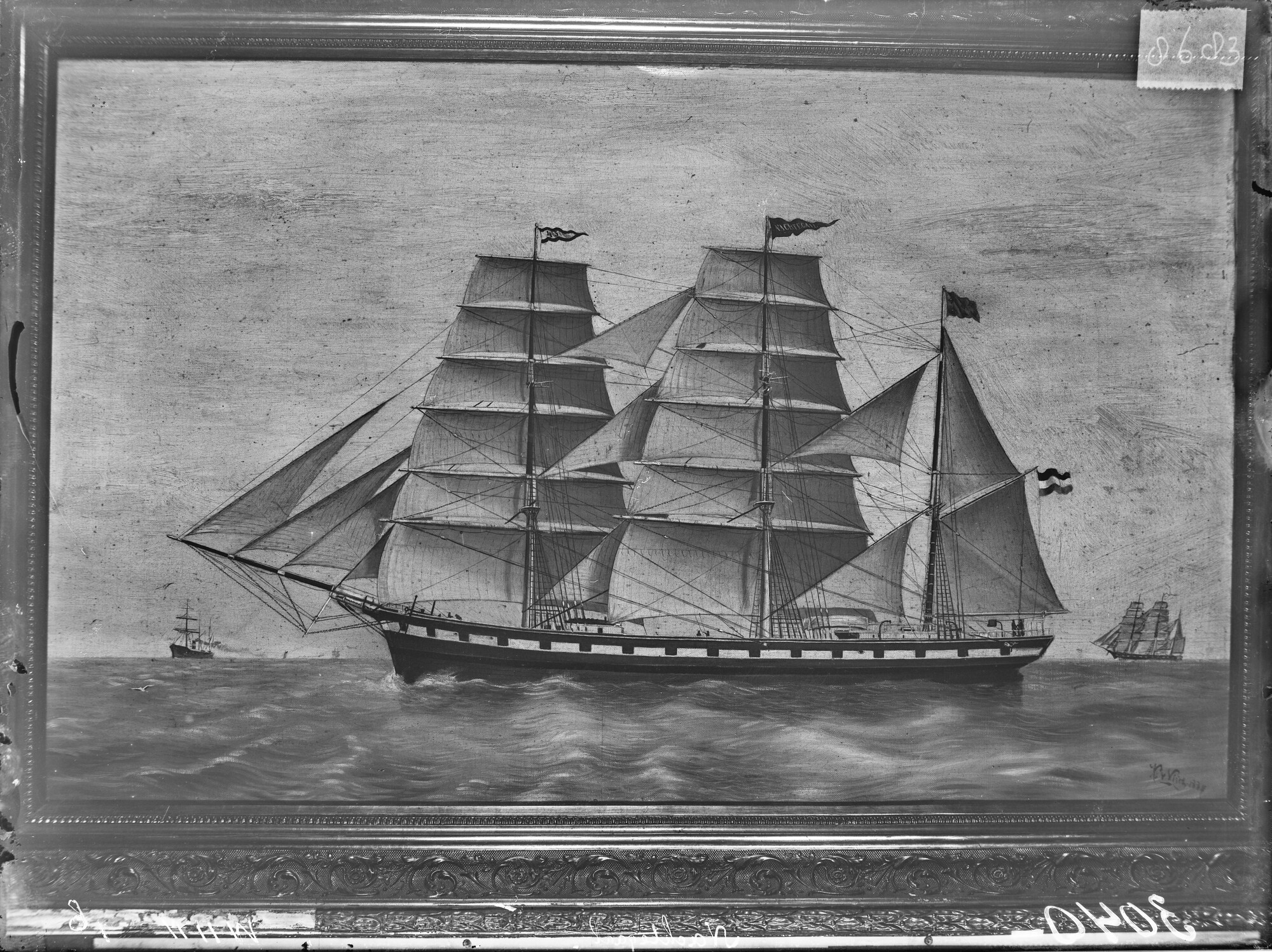 S.1156(06)135a1; Reproductienegatief van een schilderij van het barkschip 'Nachtegaal' afgemeerd liggend aan een kade in Amsterdam; negatief