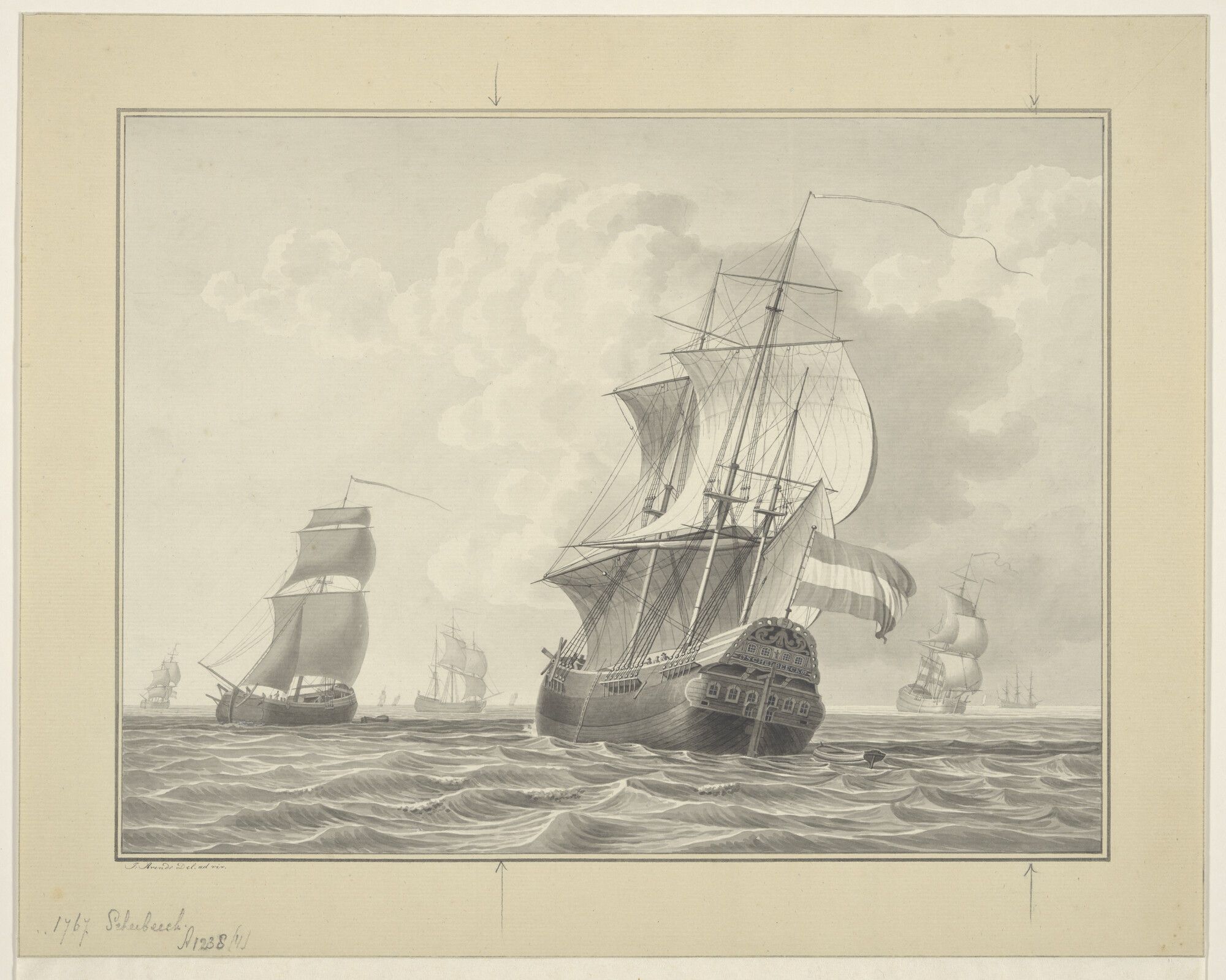 A.1238(04); Het katschip 'Scheibeeck' e.a. schepen onder zeil; tekening