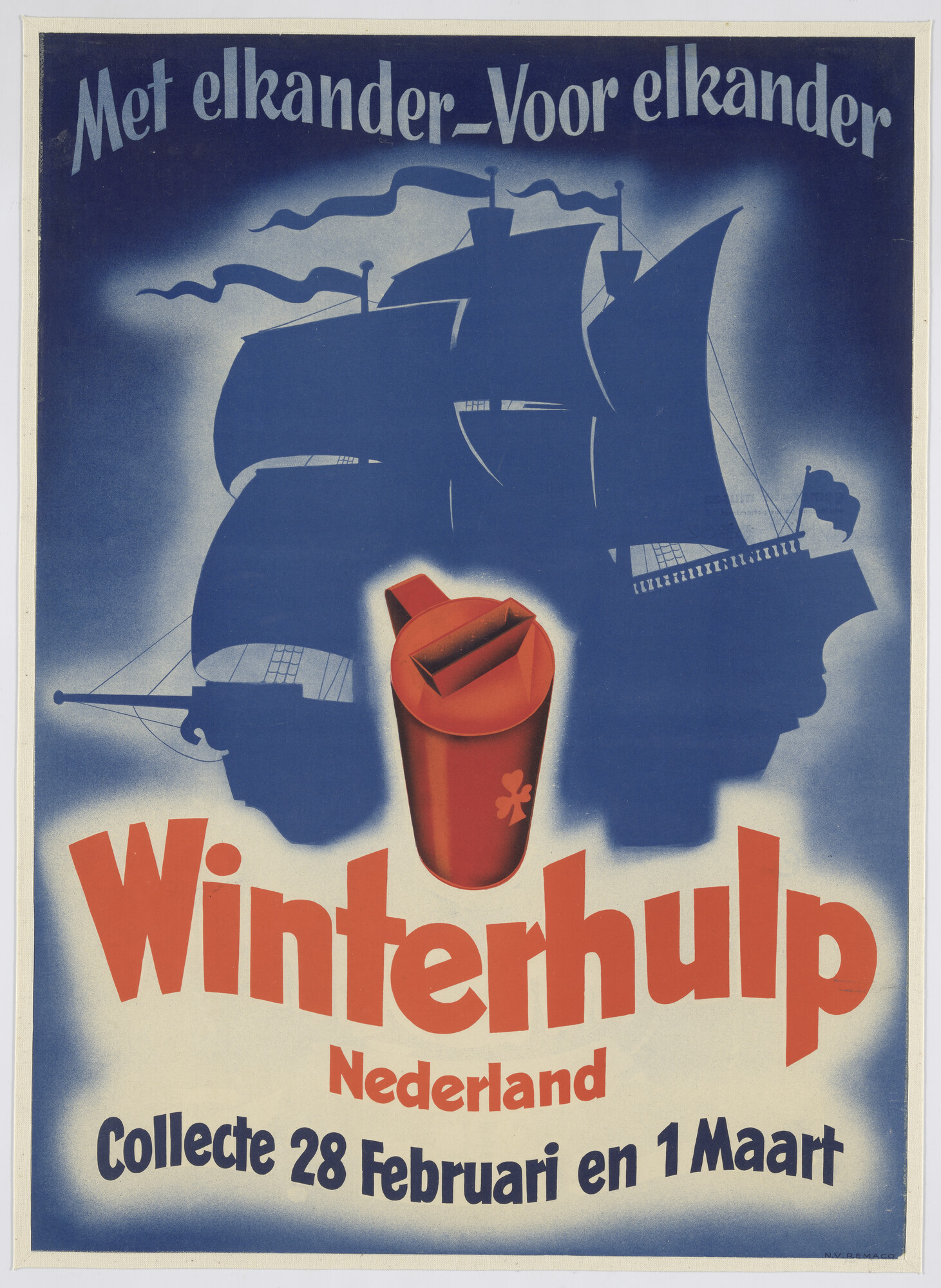 S.6762(15); Affiche van een collecte van de Winterhulp Nederland, met afbeelding van een driemaster; affiche