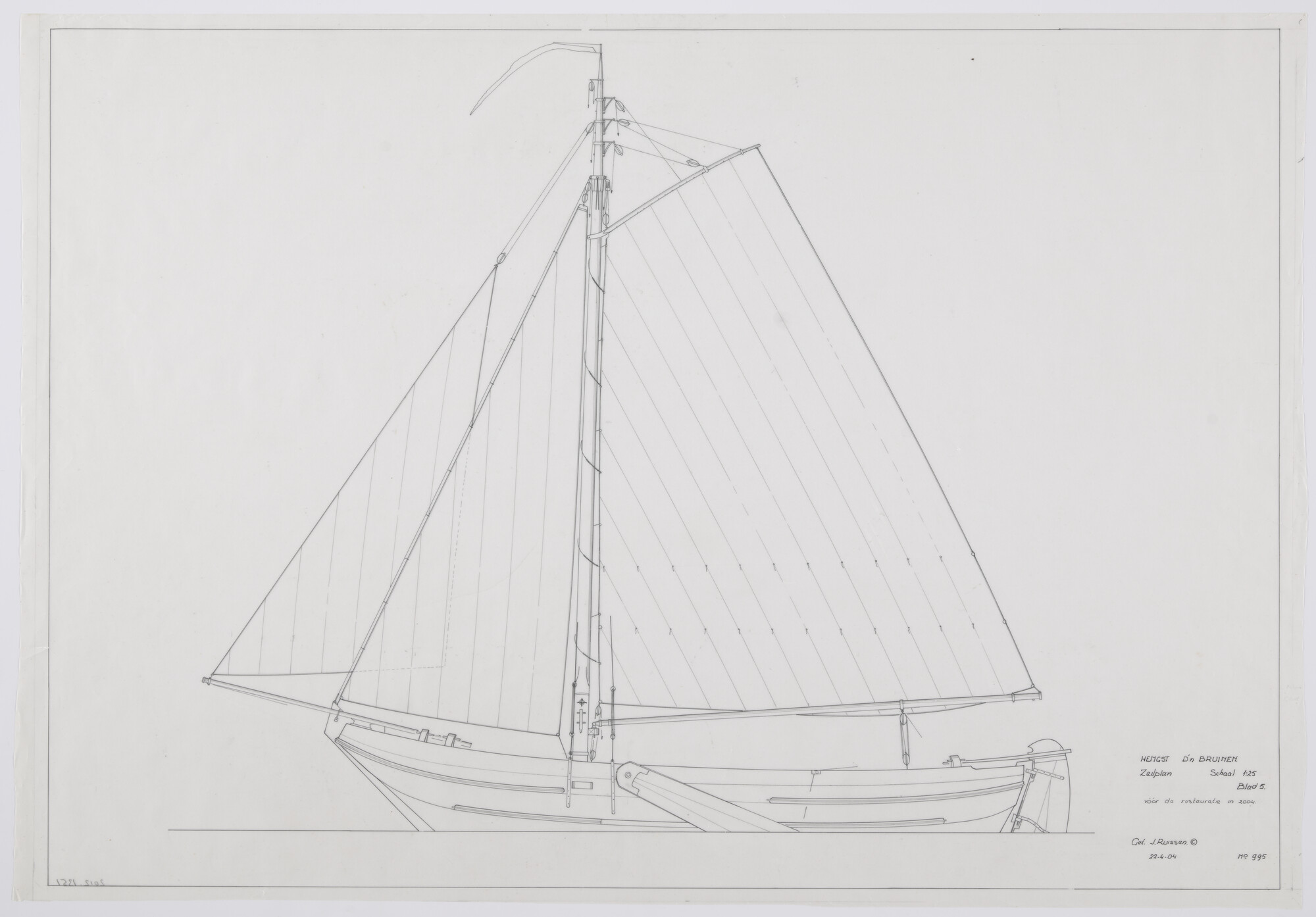 2012.1351; Zeilplan van de hengst 'D'n Bruinen' van 12.80 meter; technische tekening