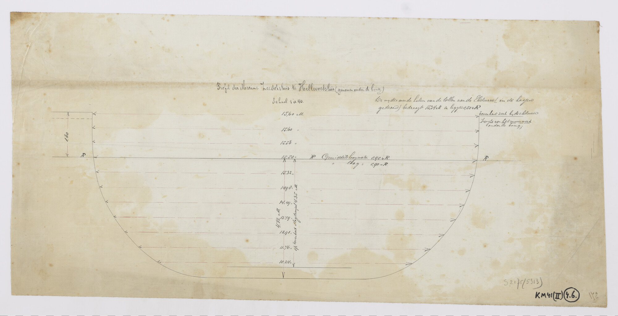 S.2175(5313); Dwarsdoorsnede van het profiel van de Marine Zeedoksluis te Hellevoetsluis; technische tekening