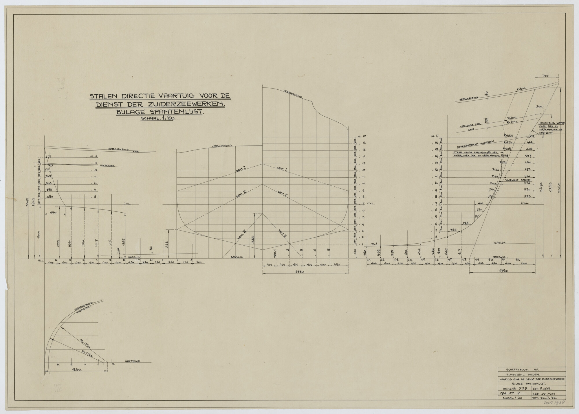 2005.1938; Bijlage bij de spantenlijst van het directievaartuig "Breezand"; technische tekening