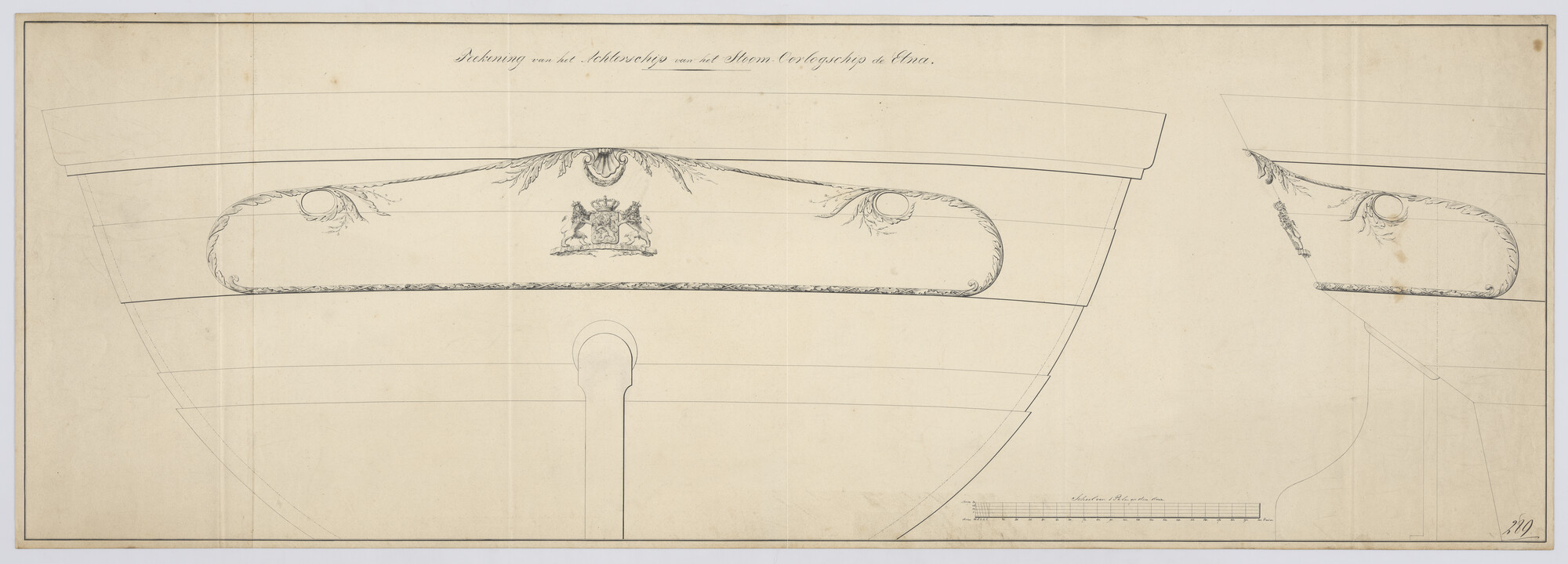 S.1214(0210); Spiegelversiering van het stoomraderschip Zr.Ms. 'Etna'; technische tekening