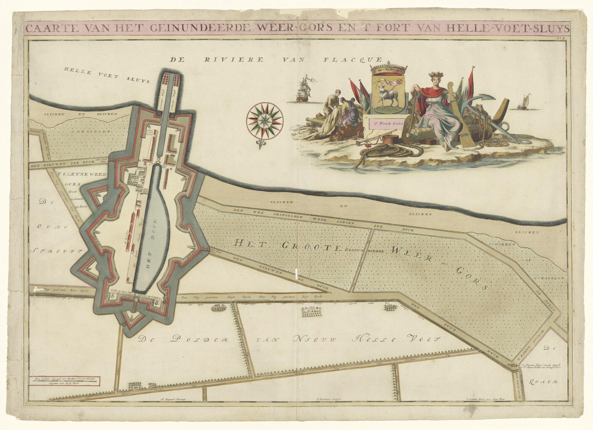 A.0149 [nr 0009]; Met de hand gekleurde kaart van de inundatie en fort met dok van Hellevoetsluis door A. Steyaart; landkaart