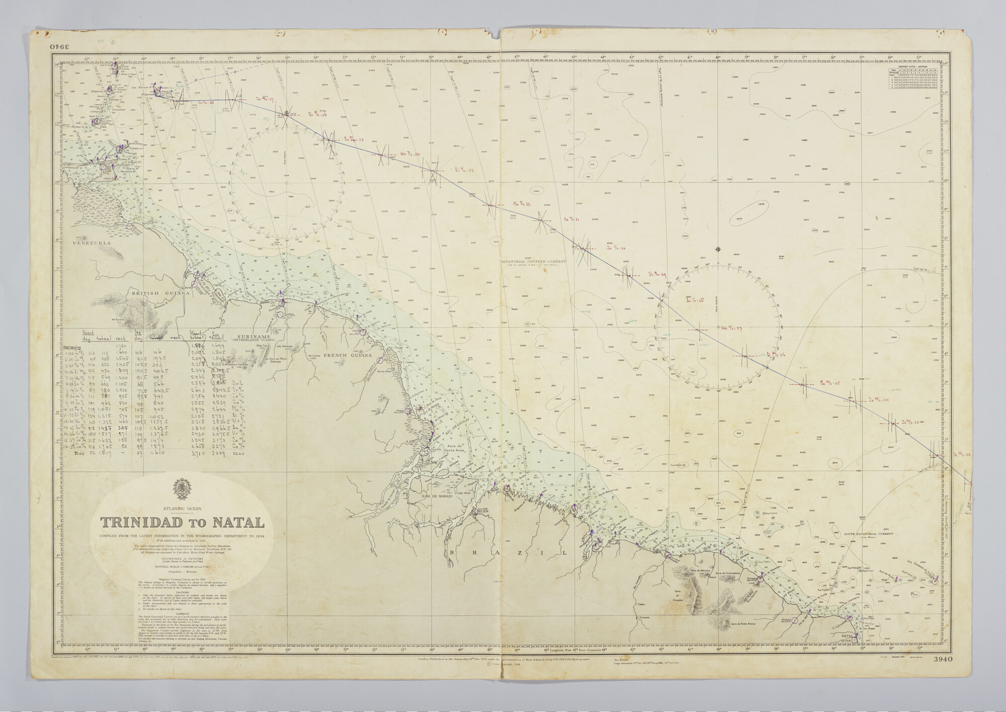 2019.1057-55; Atlantic Ocean, Trinidad to Natal; zeekaart
