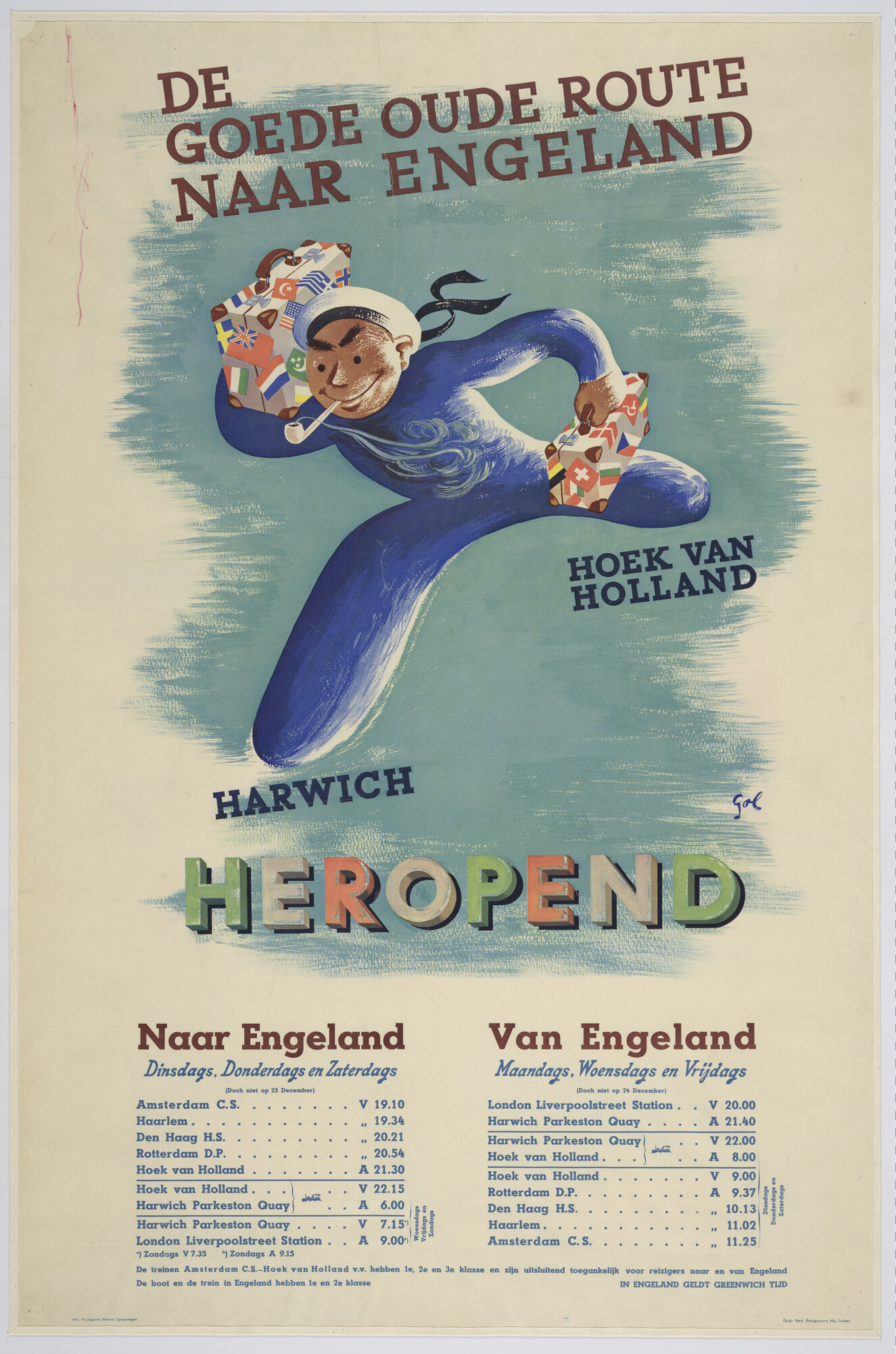 A.5474(02); Dienstregeling Nederlandse Spoorwegen, Hoek van Holland naar Harwich v.v; affiche