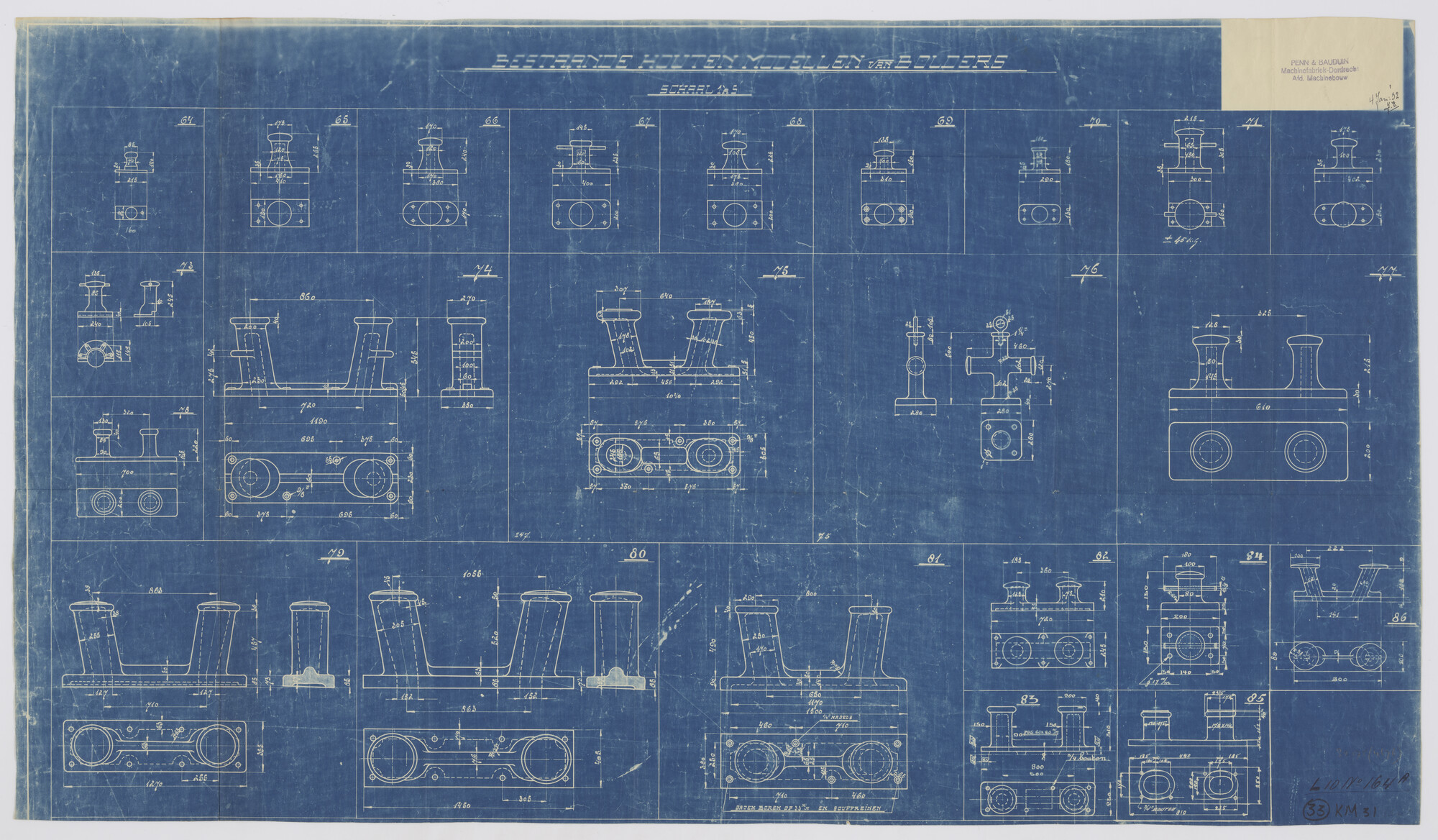 S.2175(4676); Houten modellen van bolders; technische tekening