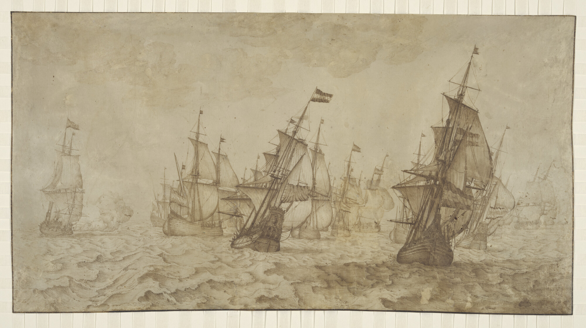 A.0145(124)01; Aanval van Duinkerker kaperschepen op een konvooi van fluiten en pinasschepen; tekening