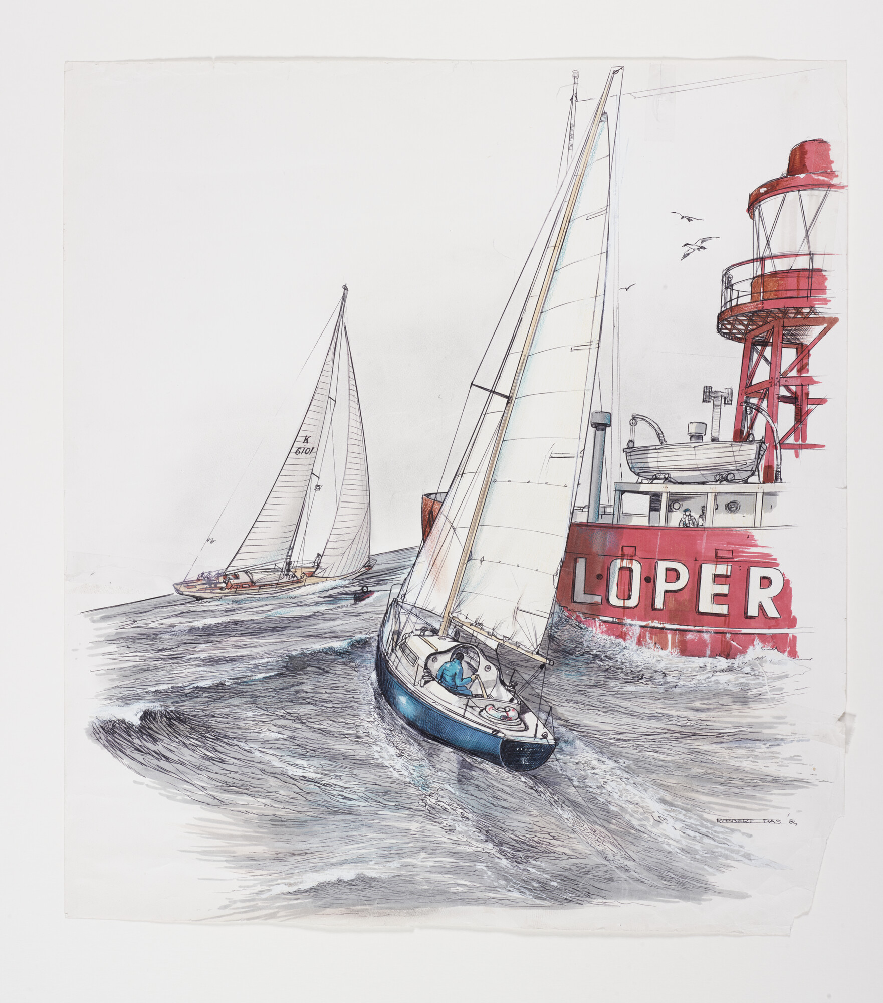 2019.0317; Pionier op Noordzee; aquarel