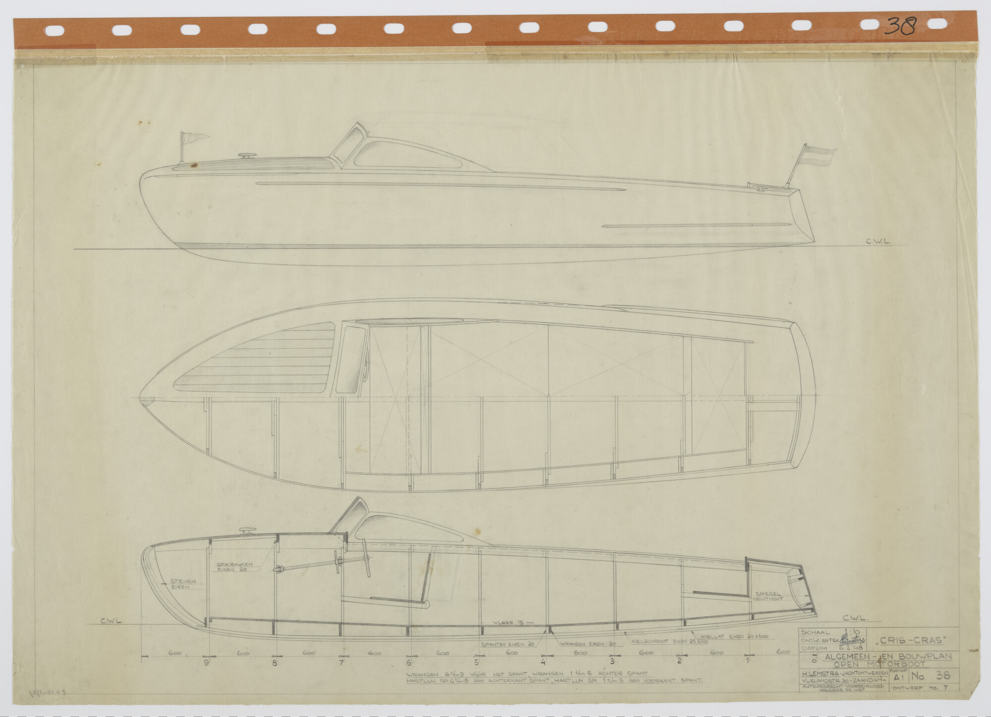 2010.1727; Algemeen plan en bouwplan van de open motorboot Cris-Cras van 6.00 m; technische tekening