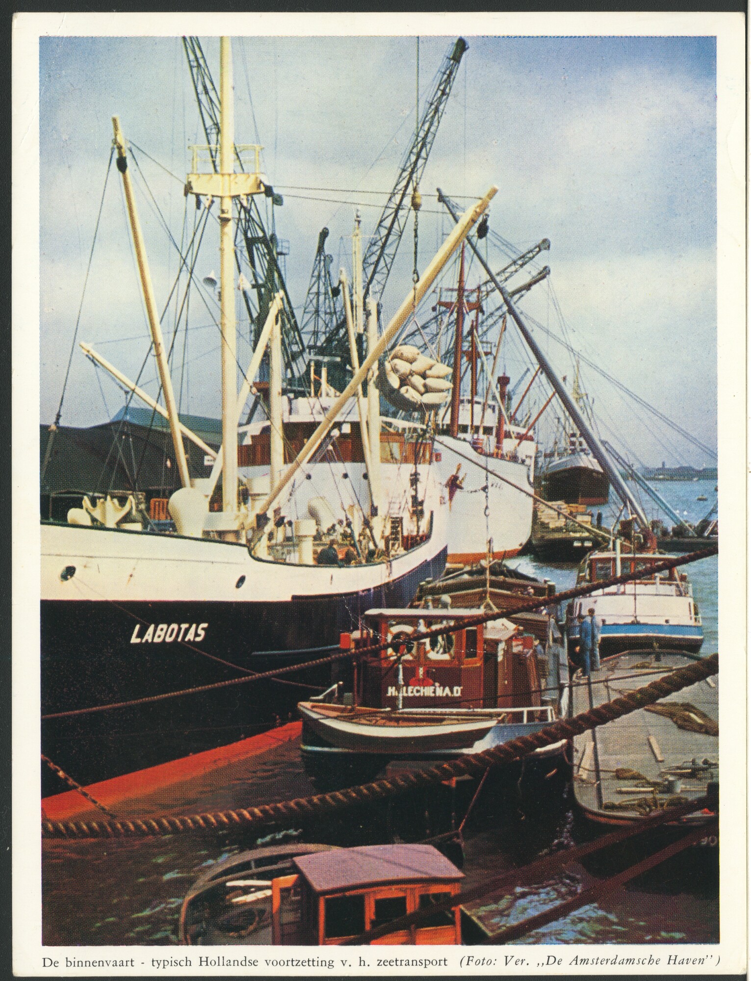 S.6408(0186); De coaster ms. Labotas bij het overladen van lading op binnenschepen in de [...]; reclamekaart