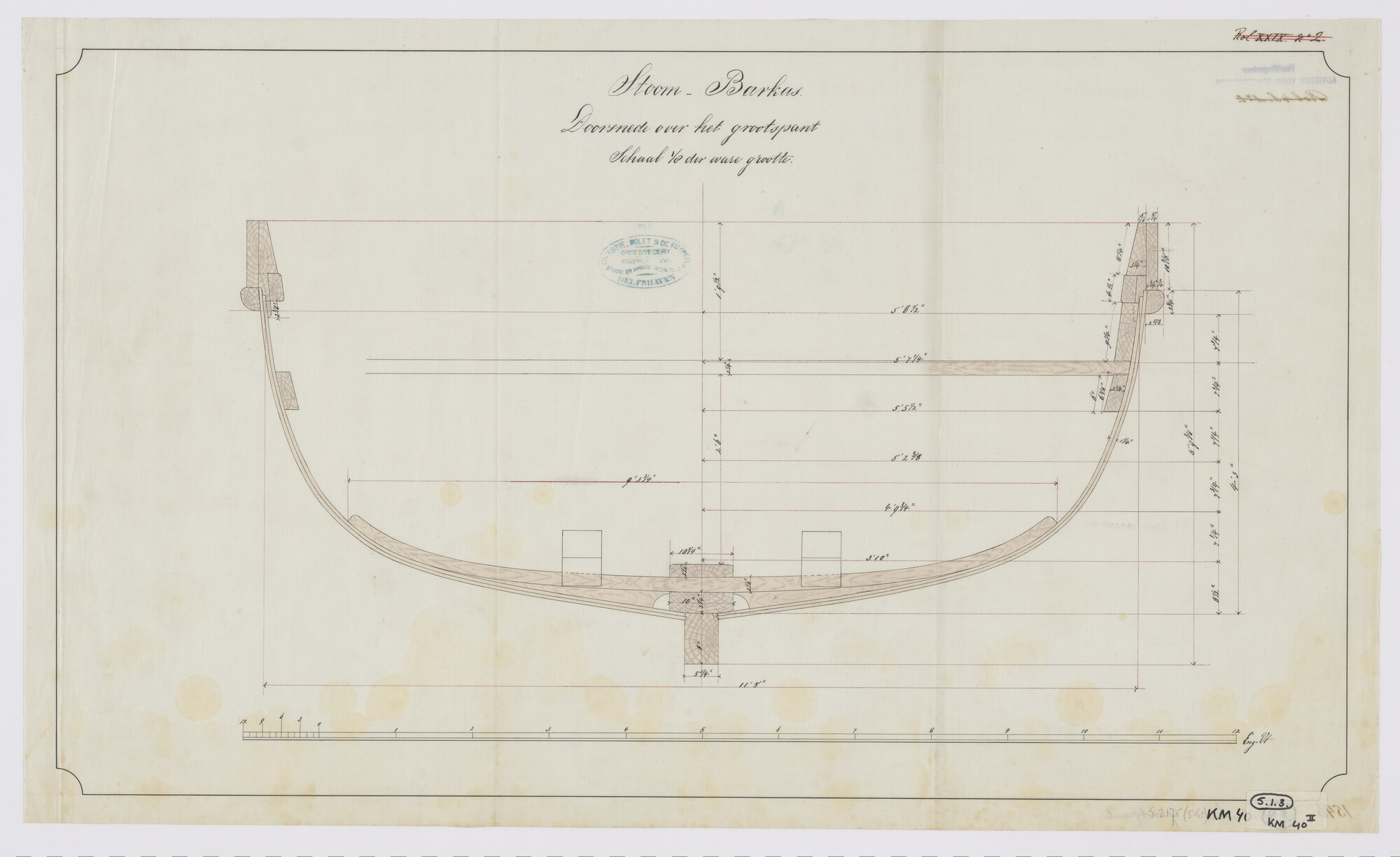 S.2175(5162); Dwarsdoorsnede over het grootspant van een stoombarkas [1879] lang 12.90 meter; technische tekening