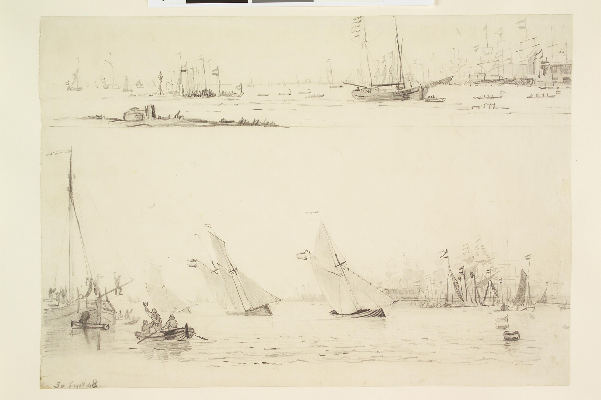 A.3308; Zeilwedstrijd op het IJ, 30 september 1848, twee afbeeldingen boven elkaar; tekening