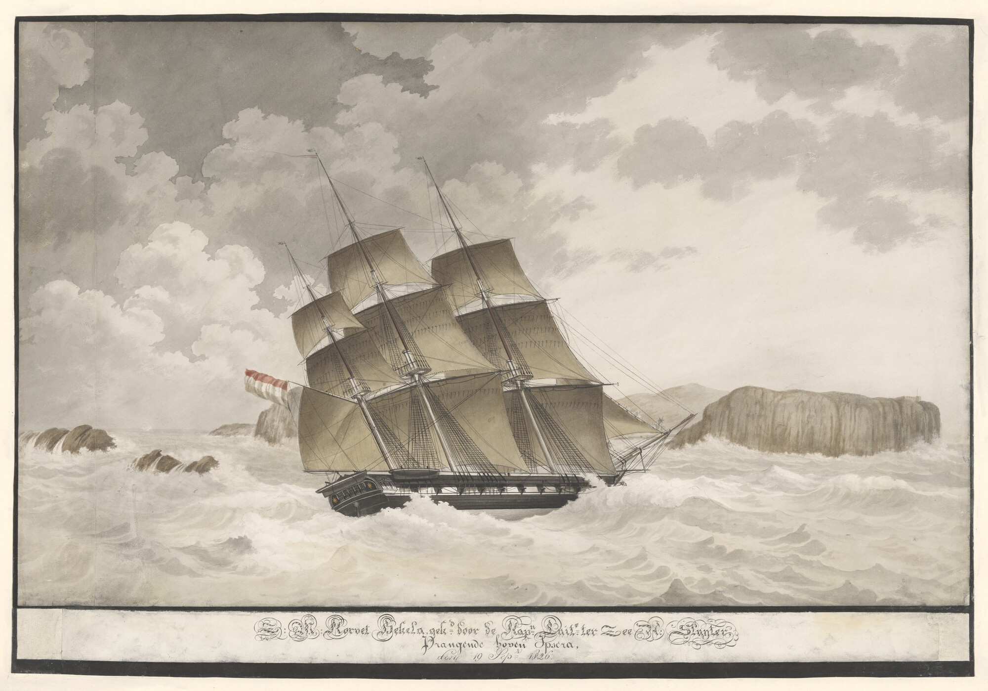 A.4601; Het korvet Zr.Ms. 'Hecla', prangende boven het eiland Ipsera (Psara), 1826; tekening