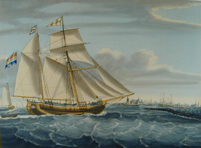 A.0149(0757); Het schoenerkofschip 'Vrouw Geertje van Purmerendt' op de rede van Medemblik; tekening