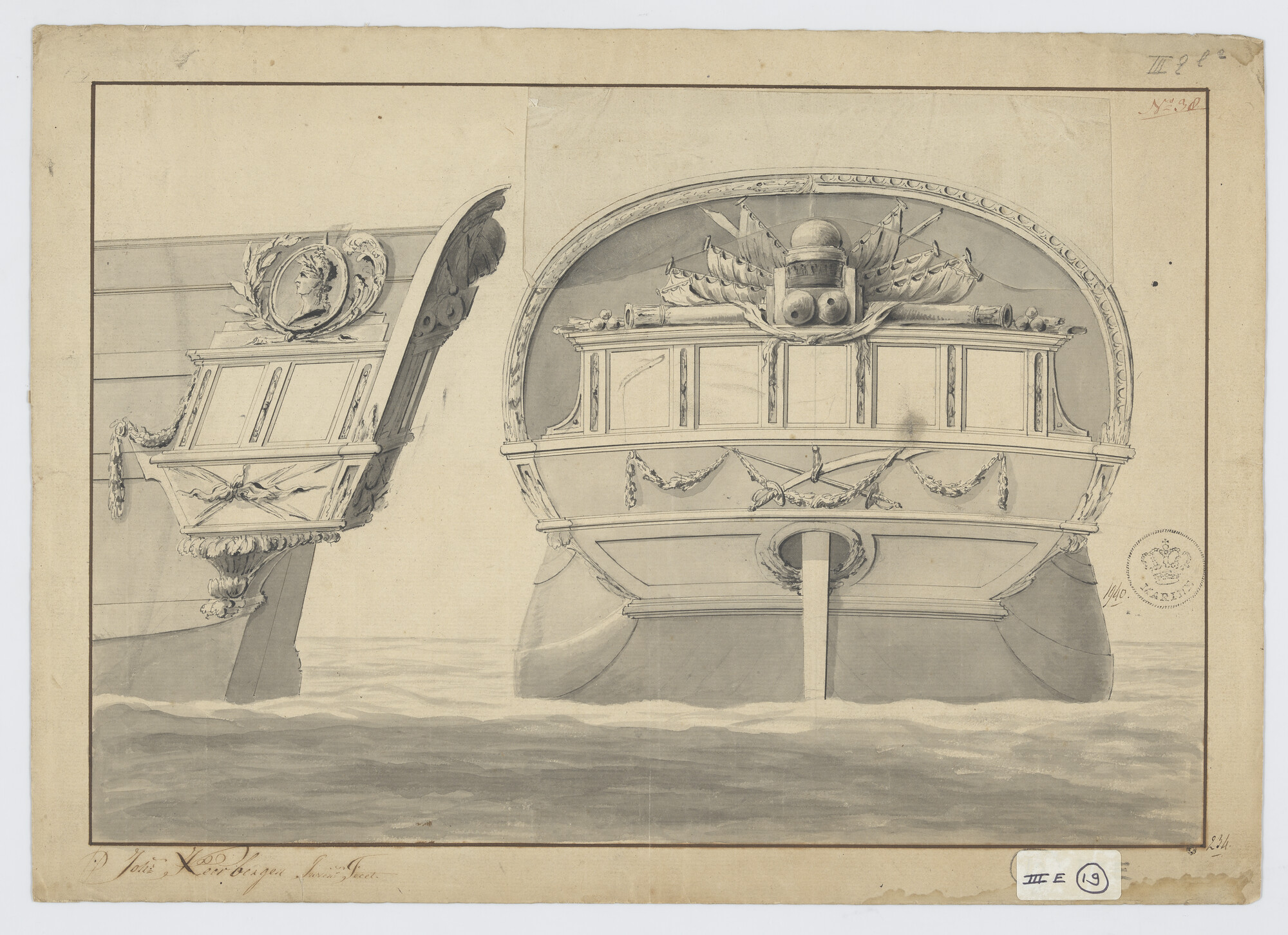 2016.0117; Ontwerp van de spiegel en zijgalerij van een schip; technische tekening
