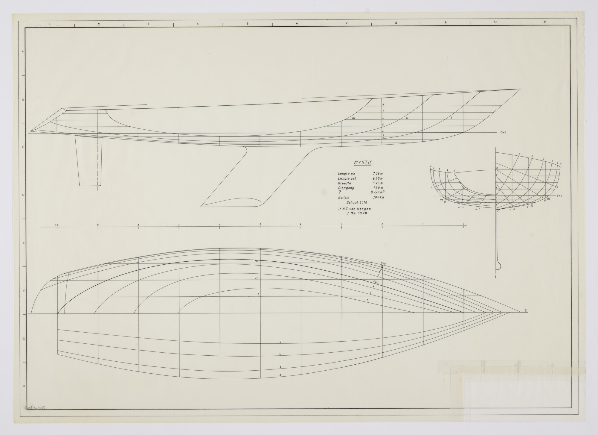 2012.0300; lijnenplan van zeiljacht 'Mystic' van 7.36 m; technische tekening