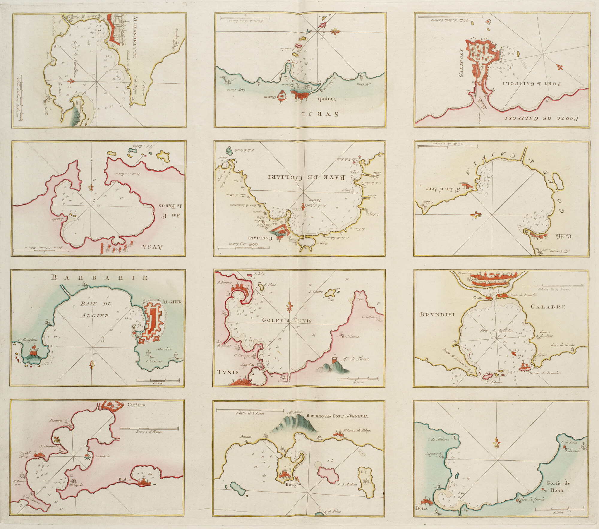 B.0032(109)2 [kaart 115]; Blad met 12  kaartjes van havens en reden aan de Middellandse Zee; kaart