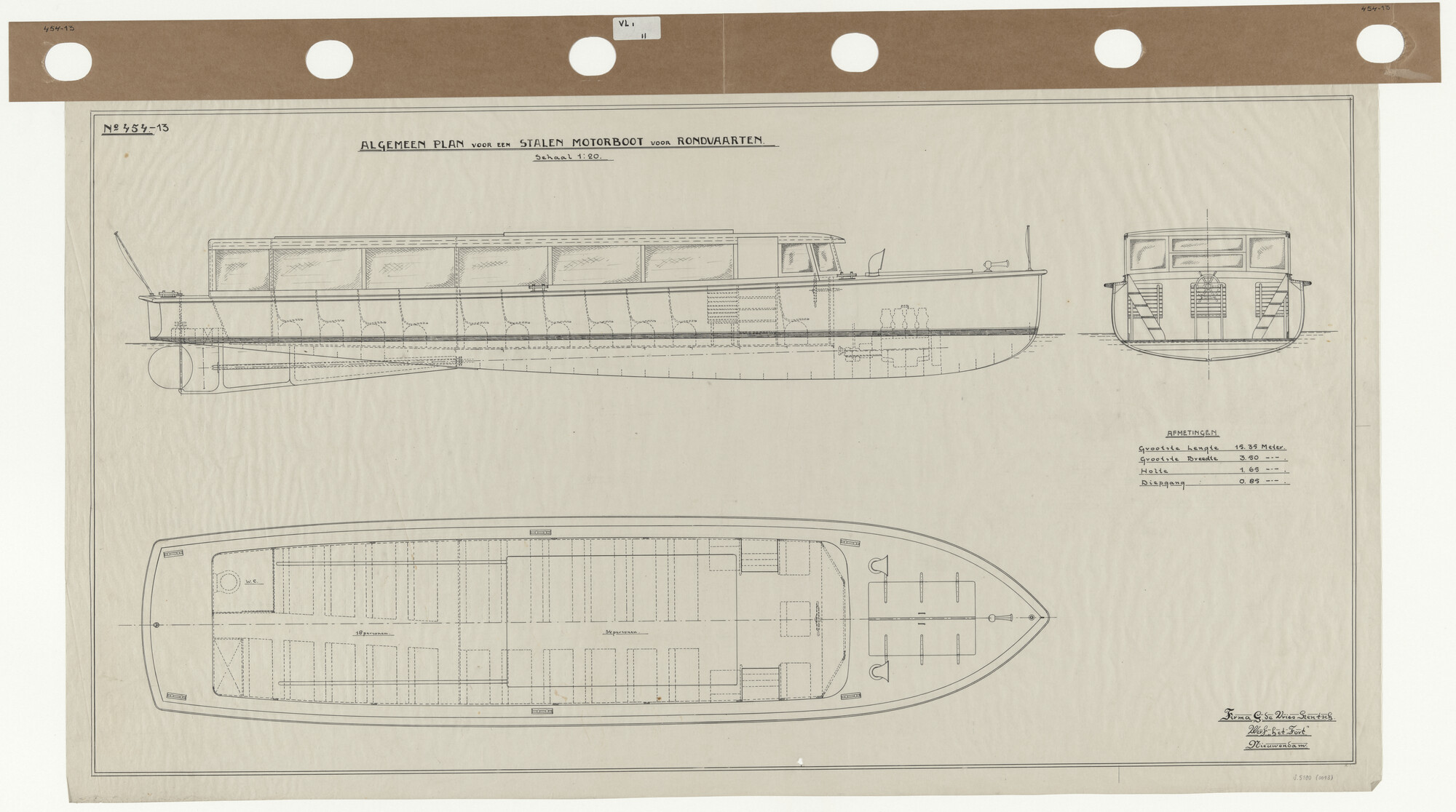S.5180(0013); Algemeen plan van een rondvaartboot; technische tekening