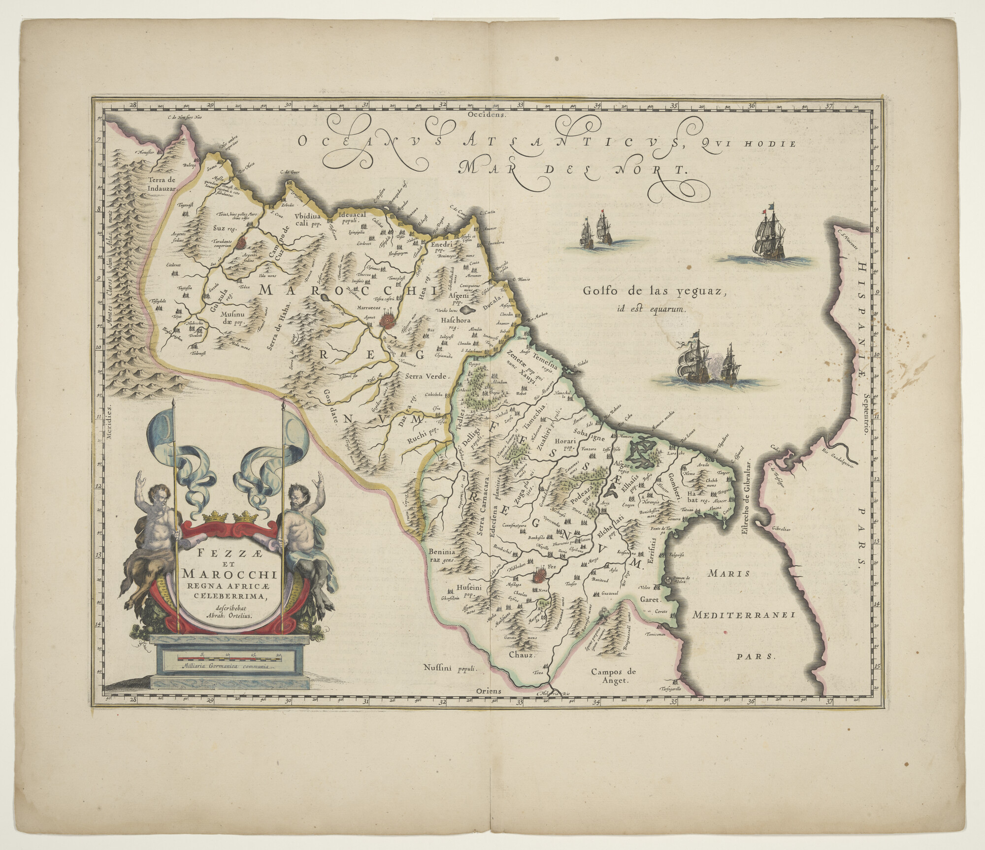 B.0216(0282); Met de hand gekleurde kaart van Marokko door Abraham Ortelius, 1570, heruitgave Joan Blaeu, Amsterdam, circa 1662; landkaart