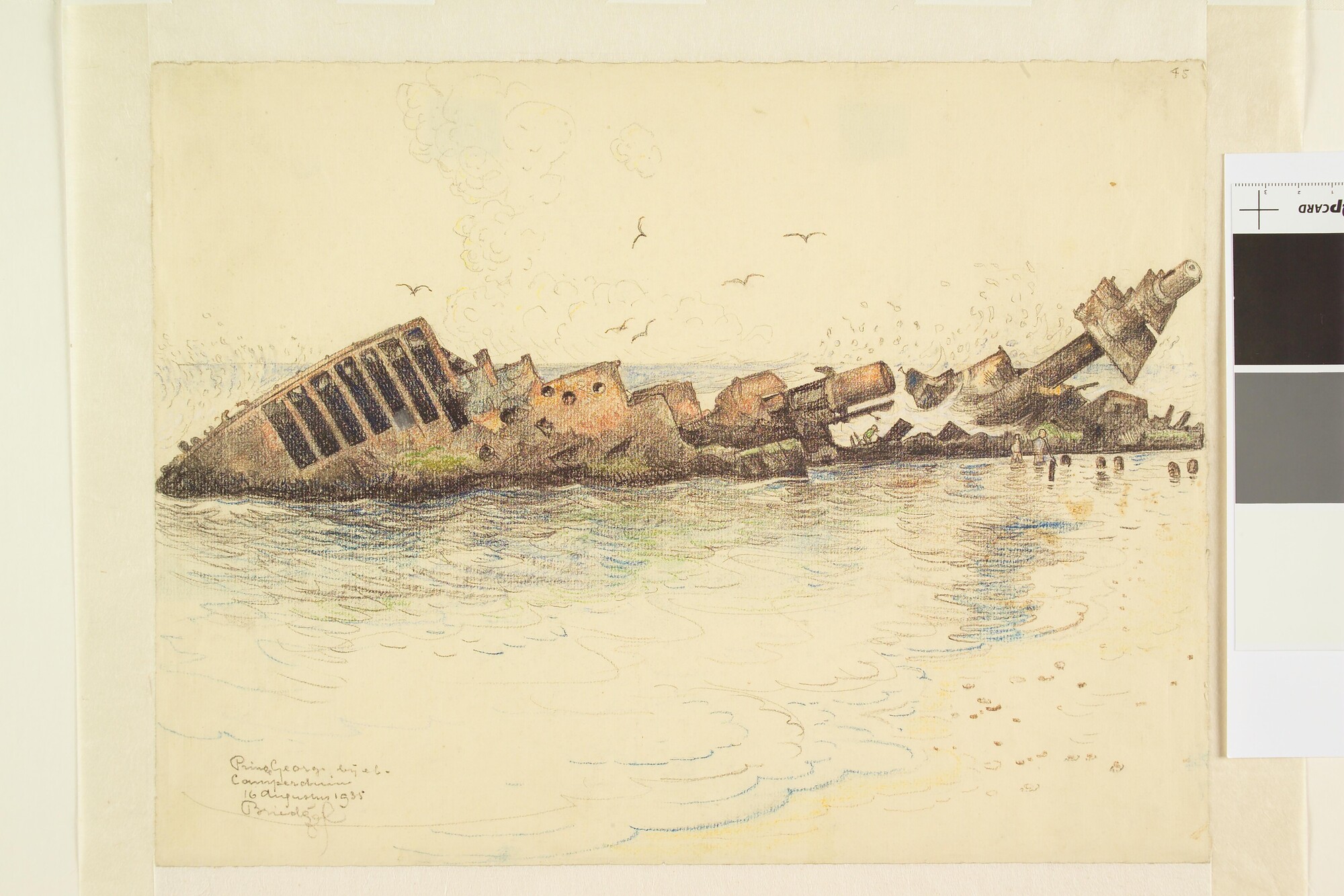 S.4364(10); Het wrak van de Britse kruiser HMS 'Prince George' bij eb op het strand te Kamperduin; tekening