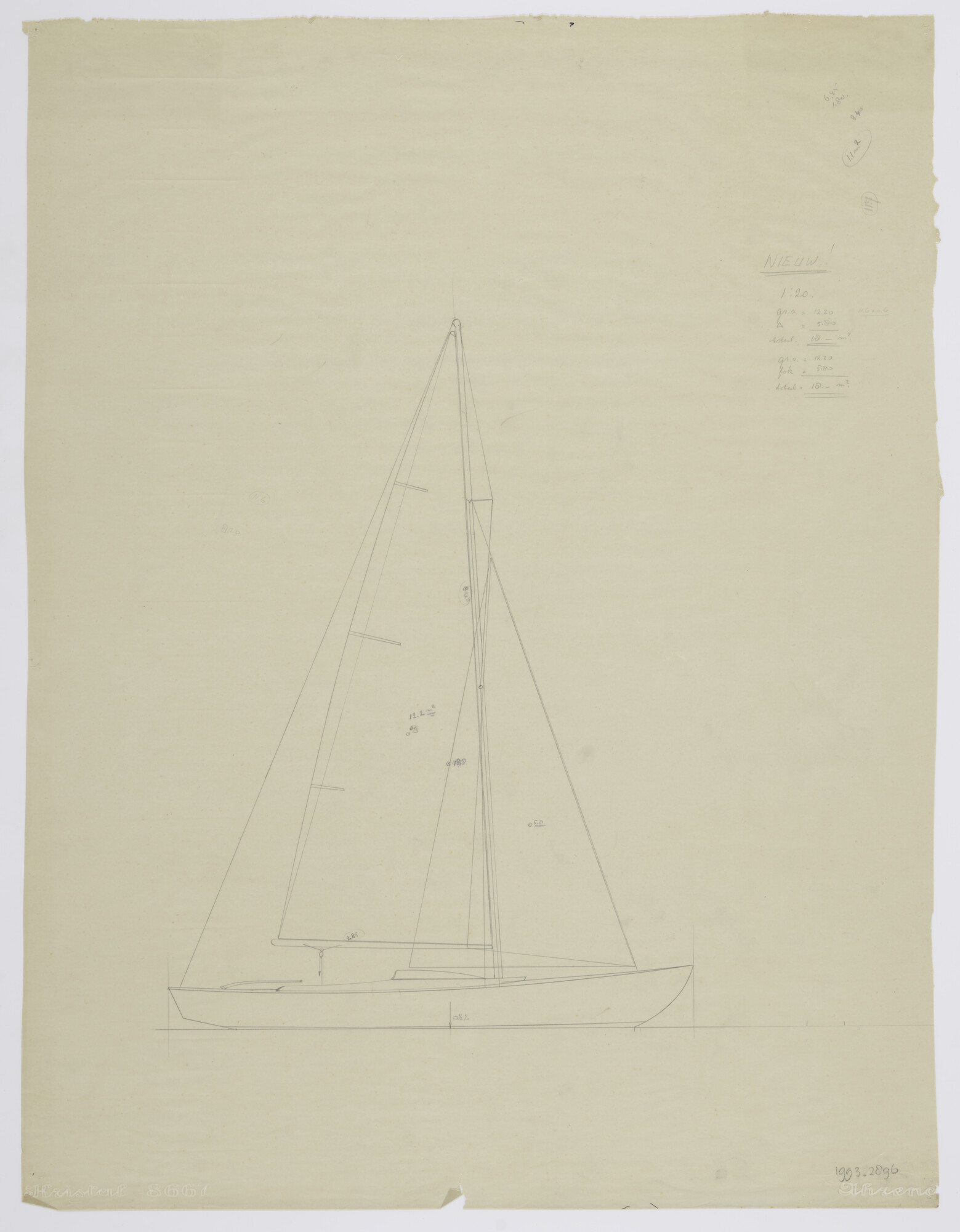 1993.2896; Zeilplan rivierklasse zeiljacht 'Maas en Waal'; technische tekening