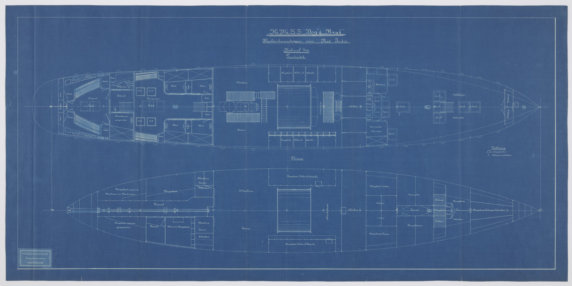 S.2175(2914); Indelingstekening van het tussendek en het ruim van de stoomschepen voor de gouvernementsmarine Hr.Ms. Dog en Hr.Ms. Brak; technische tekening