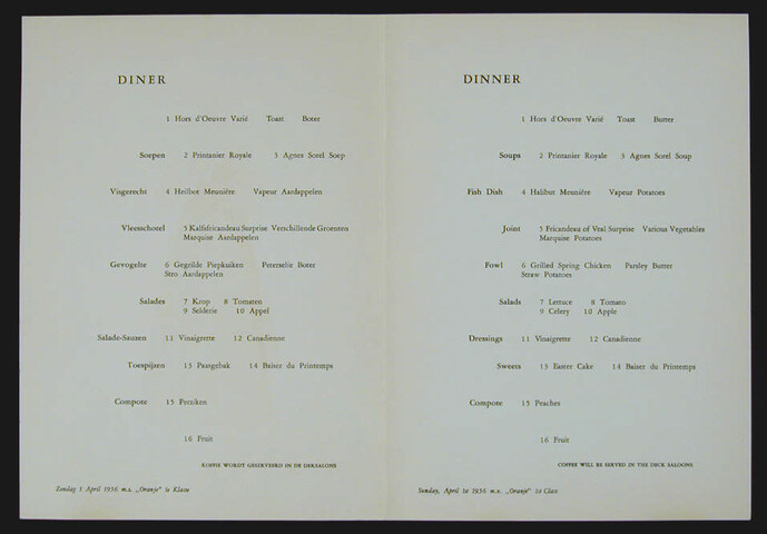 1994.6735; Menukaart voor een diner a/b ms. 'Oranje' van de SMN, 1 april 1956; menukaart