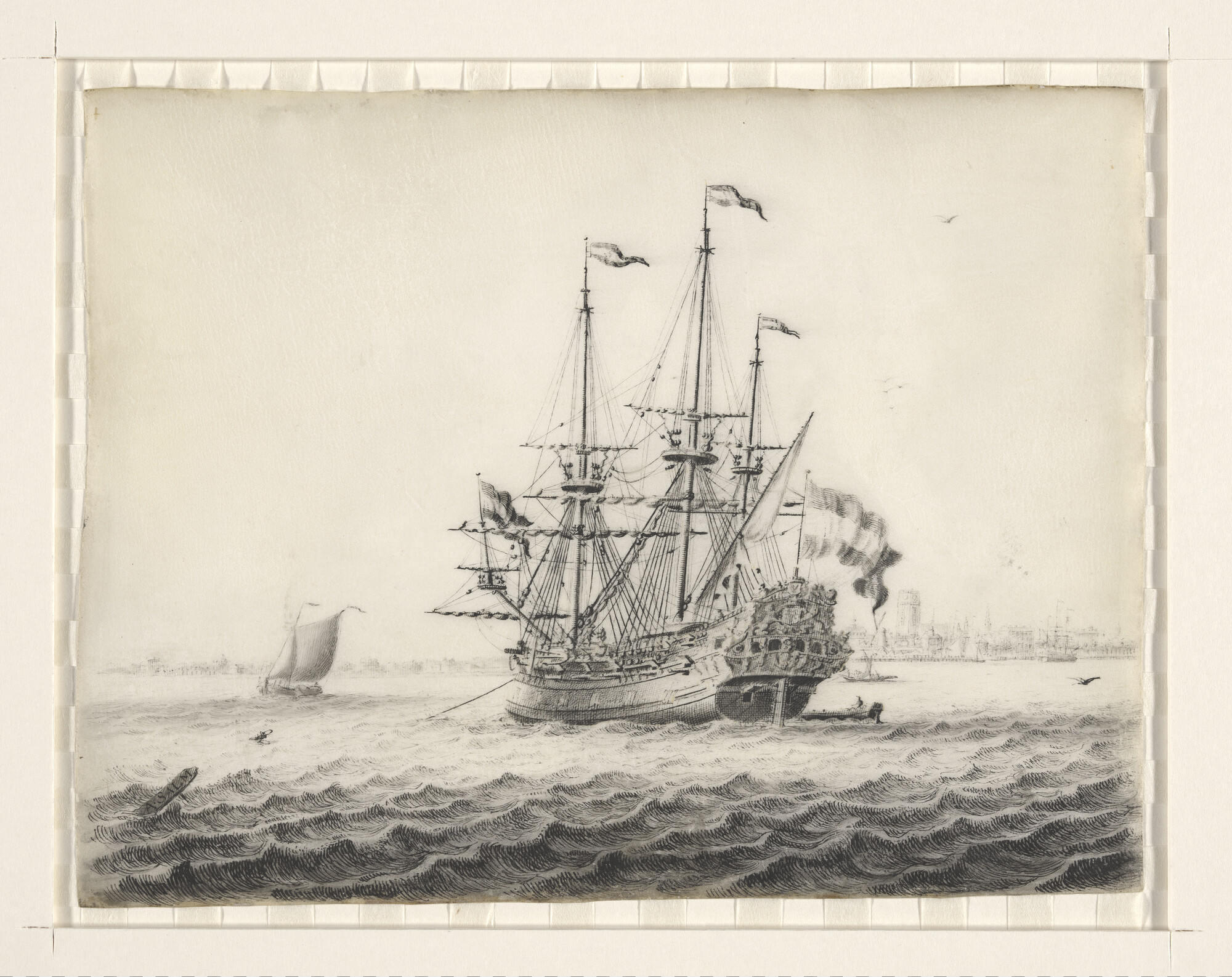 A.1269(01); Een retourschip van de kamer Rotterdam ten anker op de Maas voor Rotterdam; tekening