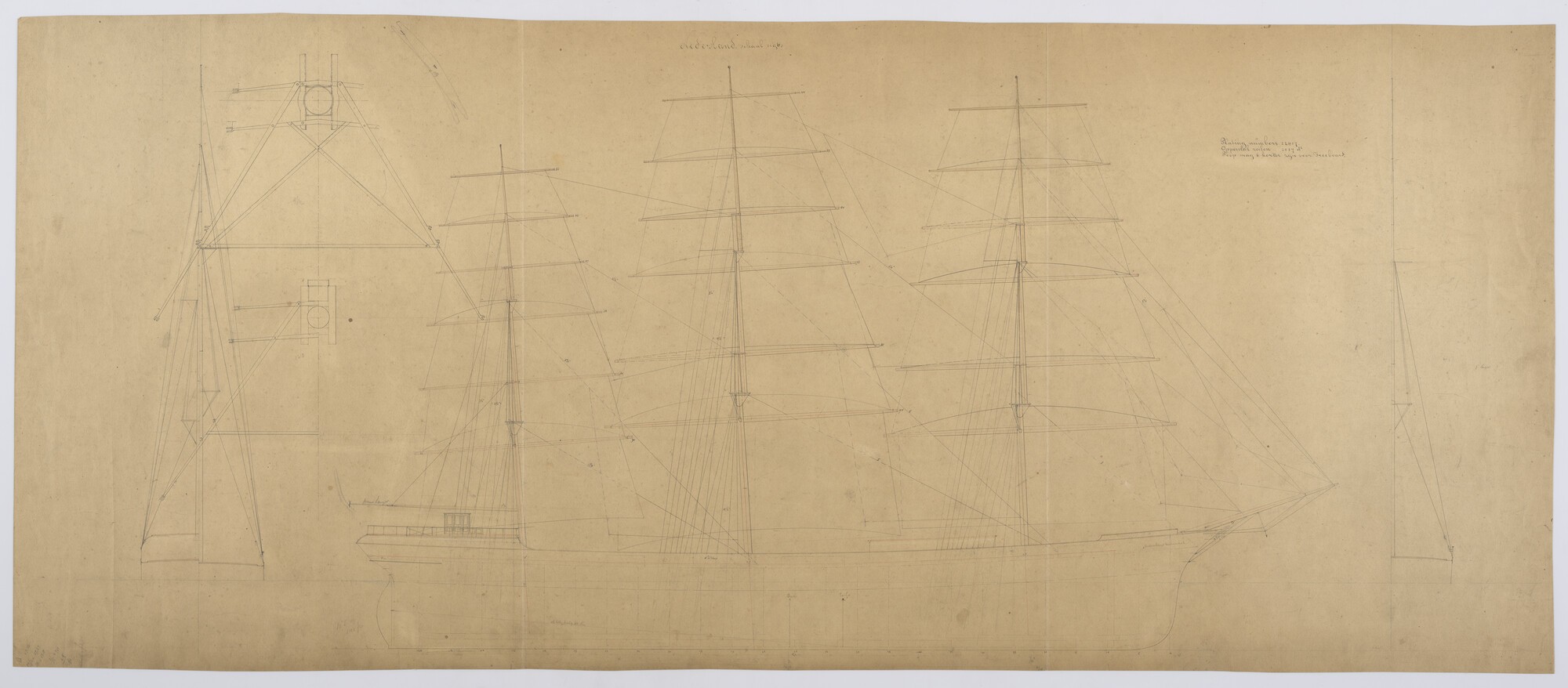 S.0027(059); Tuigplan van het fregatschip 'Nederland'; technische tekening