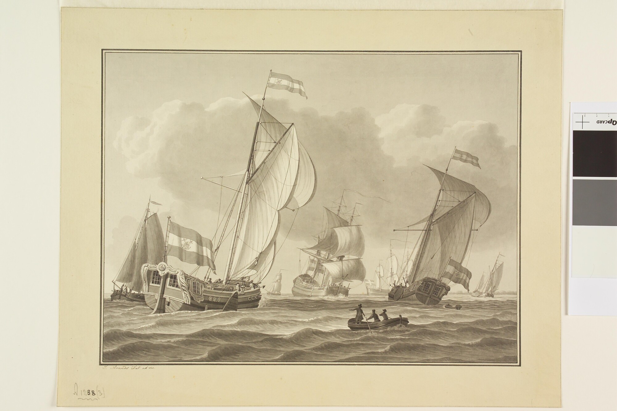 A.1238(03); Een spiegelpaviljoenjacht van de Zeeuwse Admiraliteit en van de; tekening