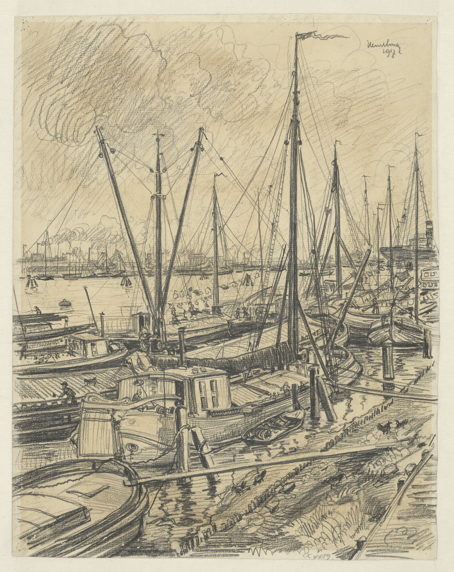1994.5006; Afgemeerde binnenvaartschepen in een haven; tekening