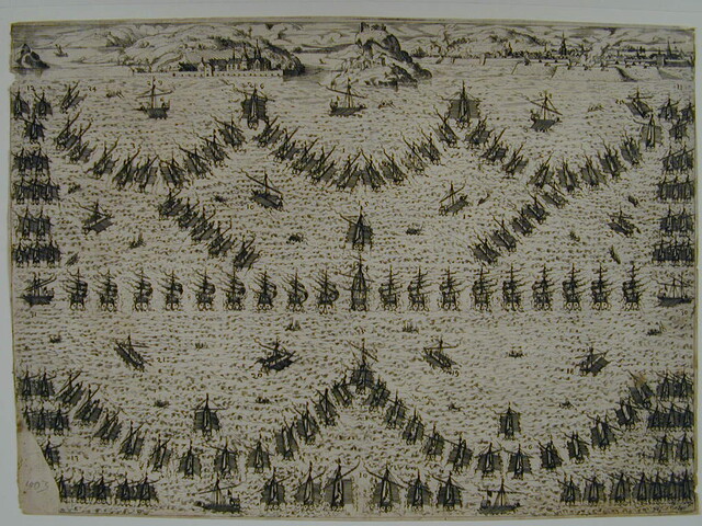A.0145(027)359; Slagorde der Turkse en Christelijke vloten voor de zeeslag bij Lepanto; prent