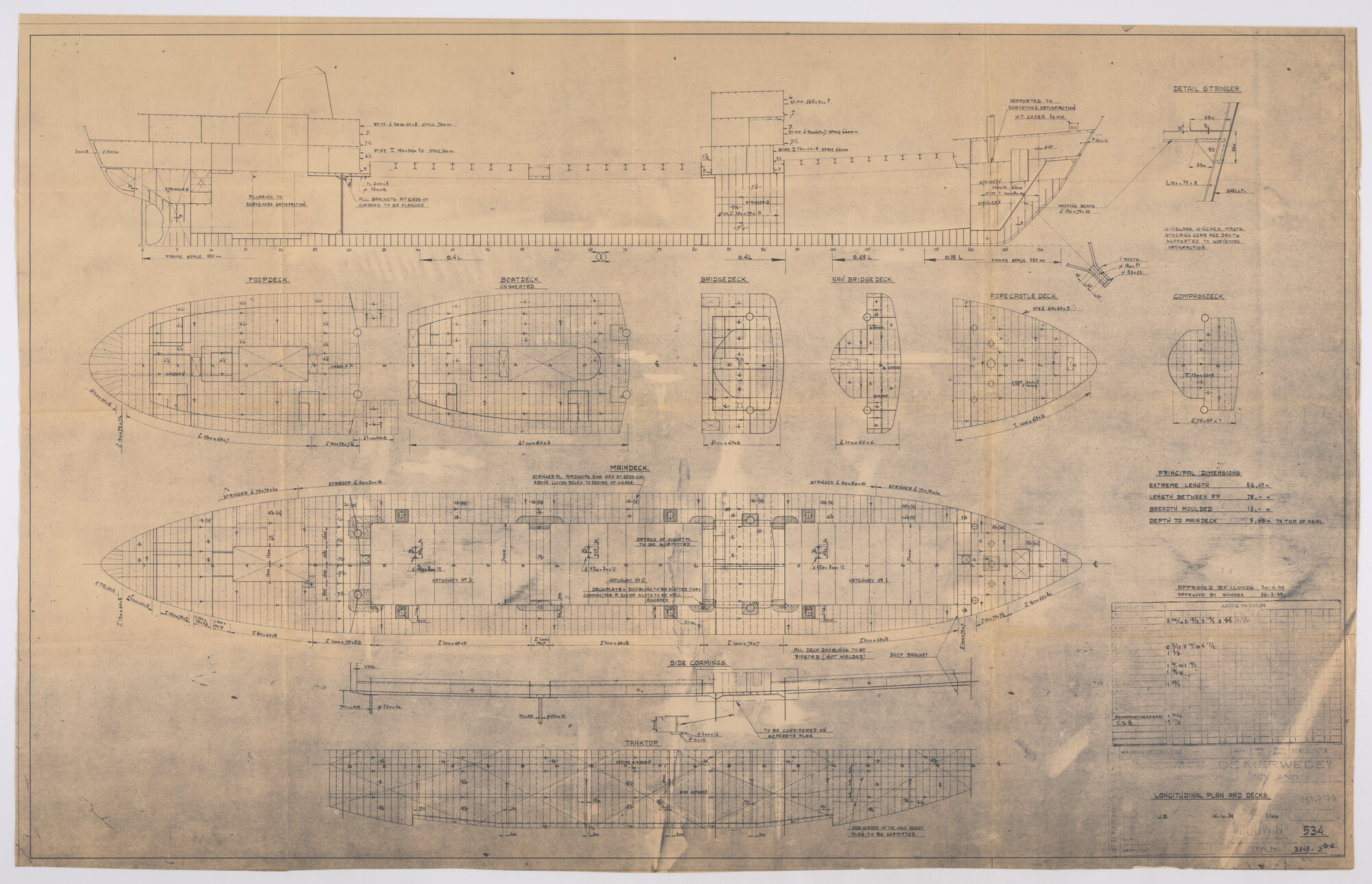 1995.7376; Constructieplan (1:100) van ms. Pargasport van O/Y Suntrans A/B [...]; technische tekening