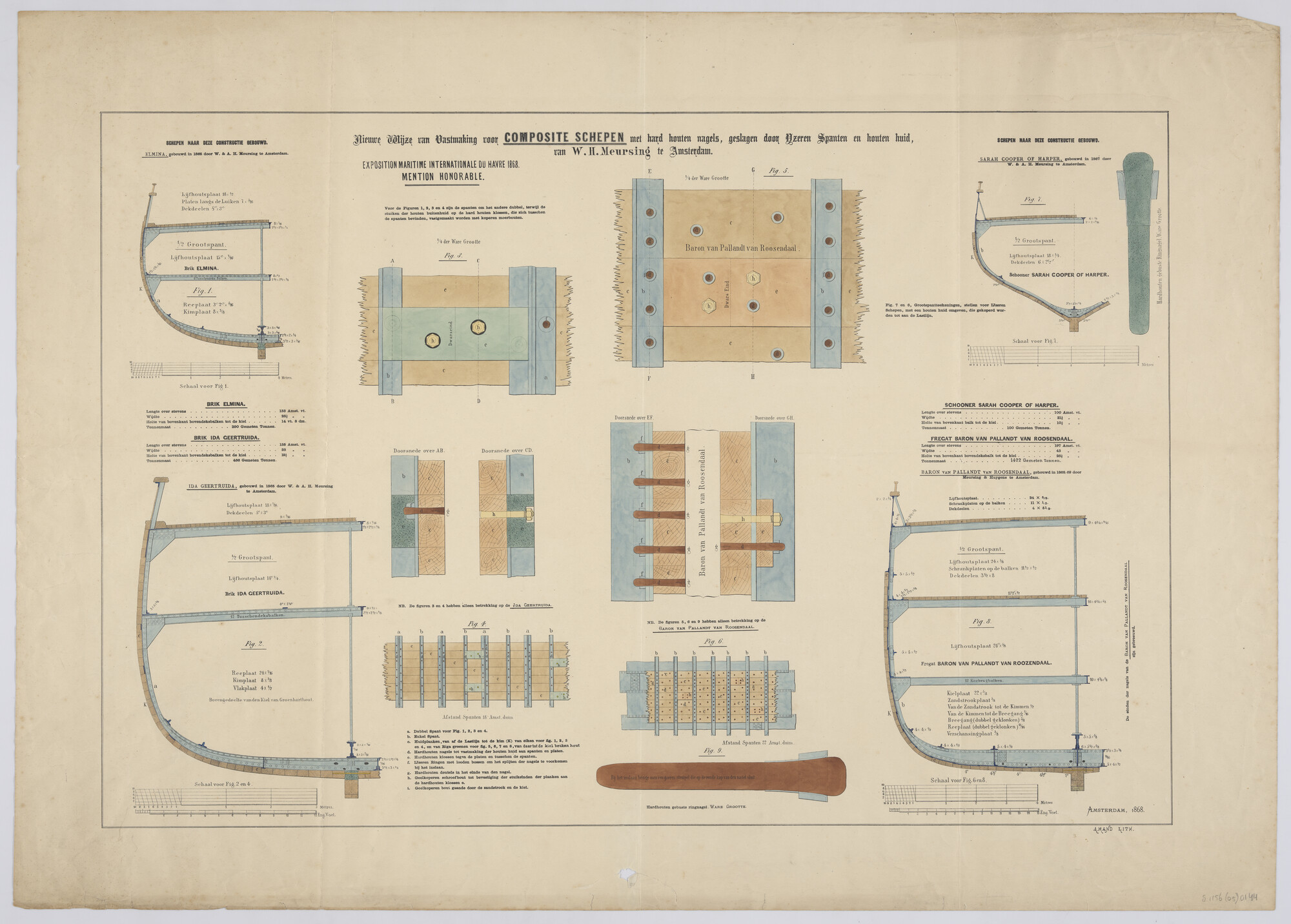 S.1156(05)0144; Afbeelding van de constructie van huid en spanten volgens het vernieuwde composietsysteem van W.H. Meursing; technische tekening