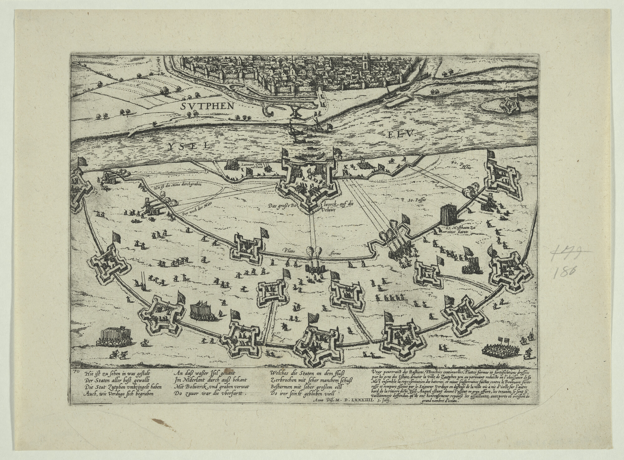 A.0145(027)240; Kaart der belegeringswerken der Staten om Zutphen, 3 juli 1584; prent