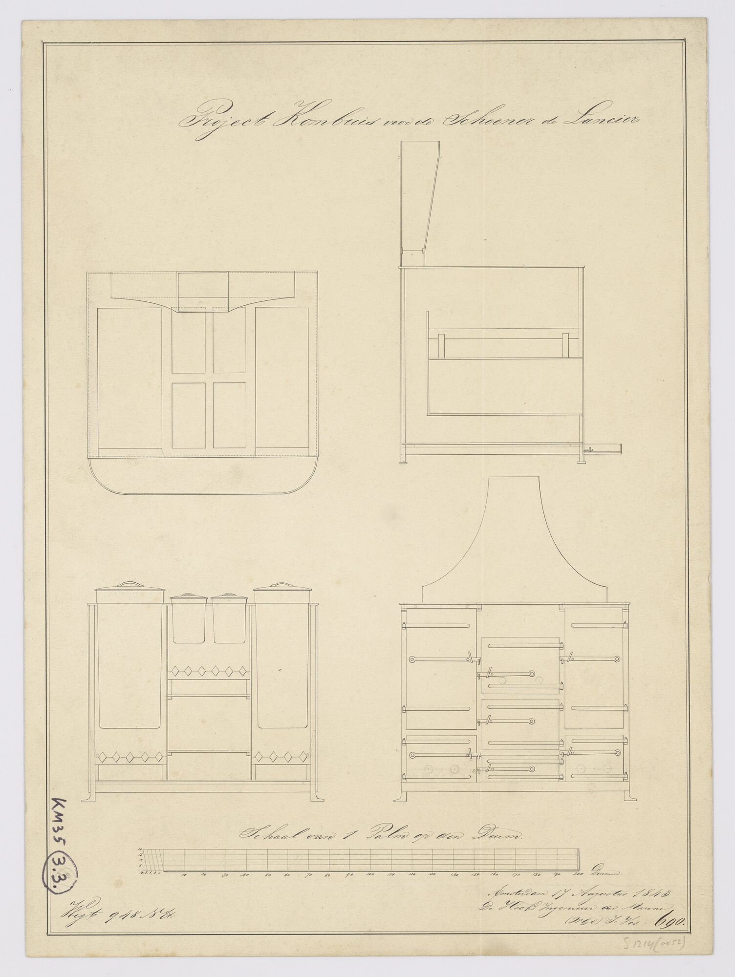 S.1214(0052); Kombuiskast aan boord van de schoenerbrik Zr.Ms. Lansier; technische tekening