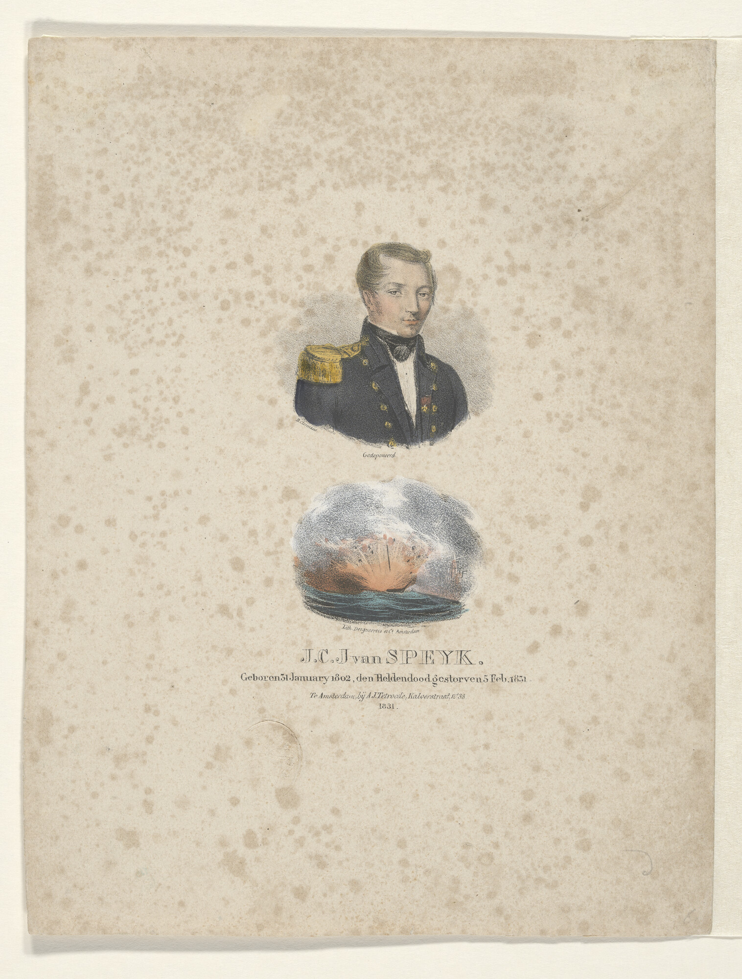 A.2256 [nr 0002]; Portret van Van Speyk en de ontploffing van zijn schip; prent
