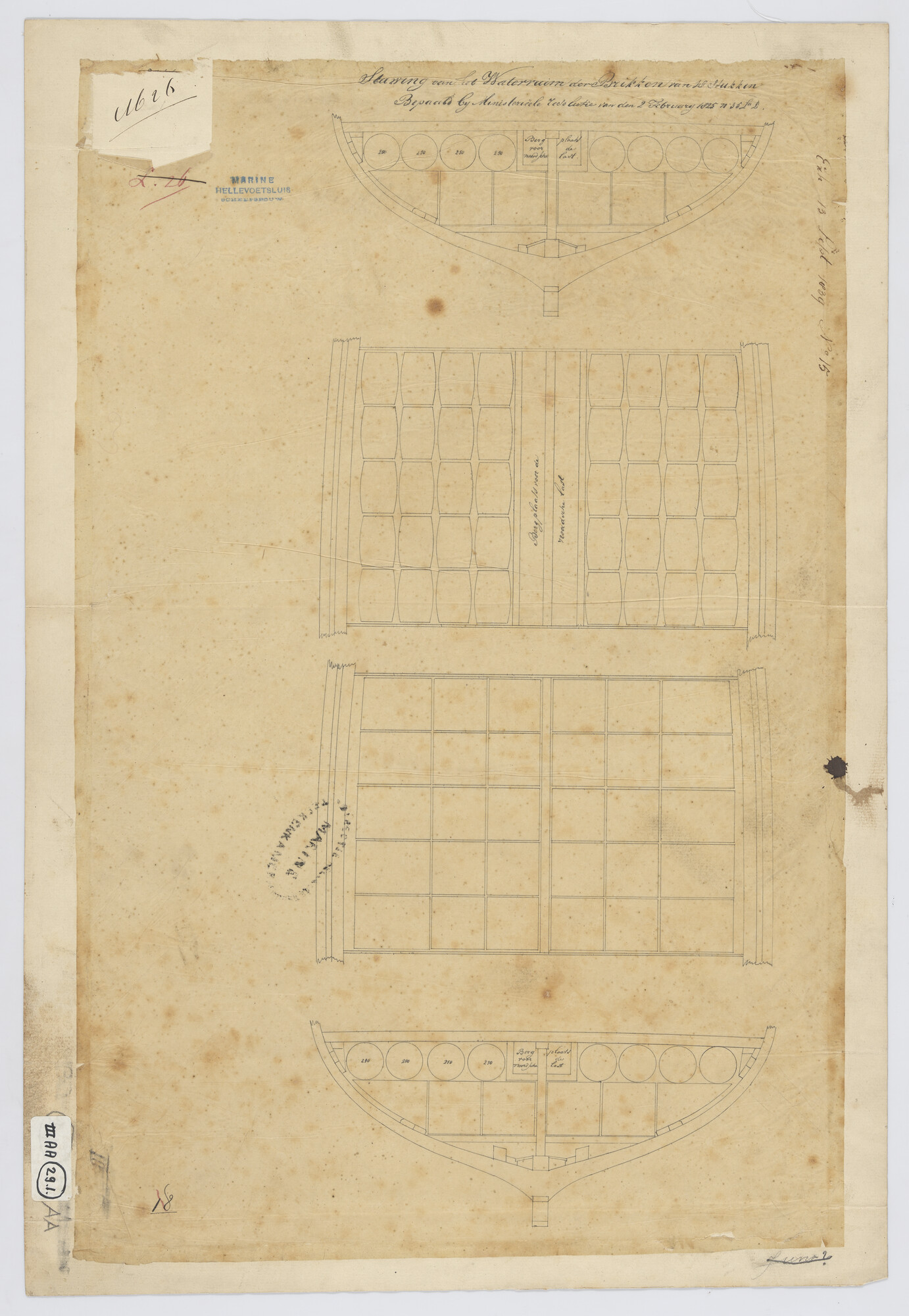S.1214(0144); Stuwplan ruim van de brik Zr.Ms. 'Meermin'; technische tekening