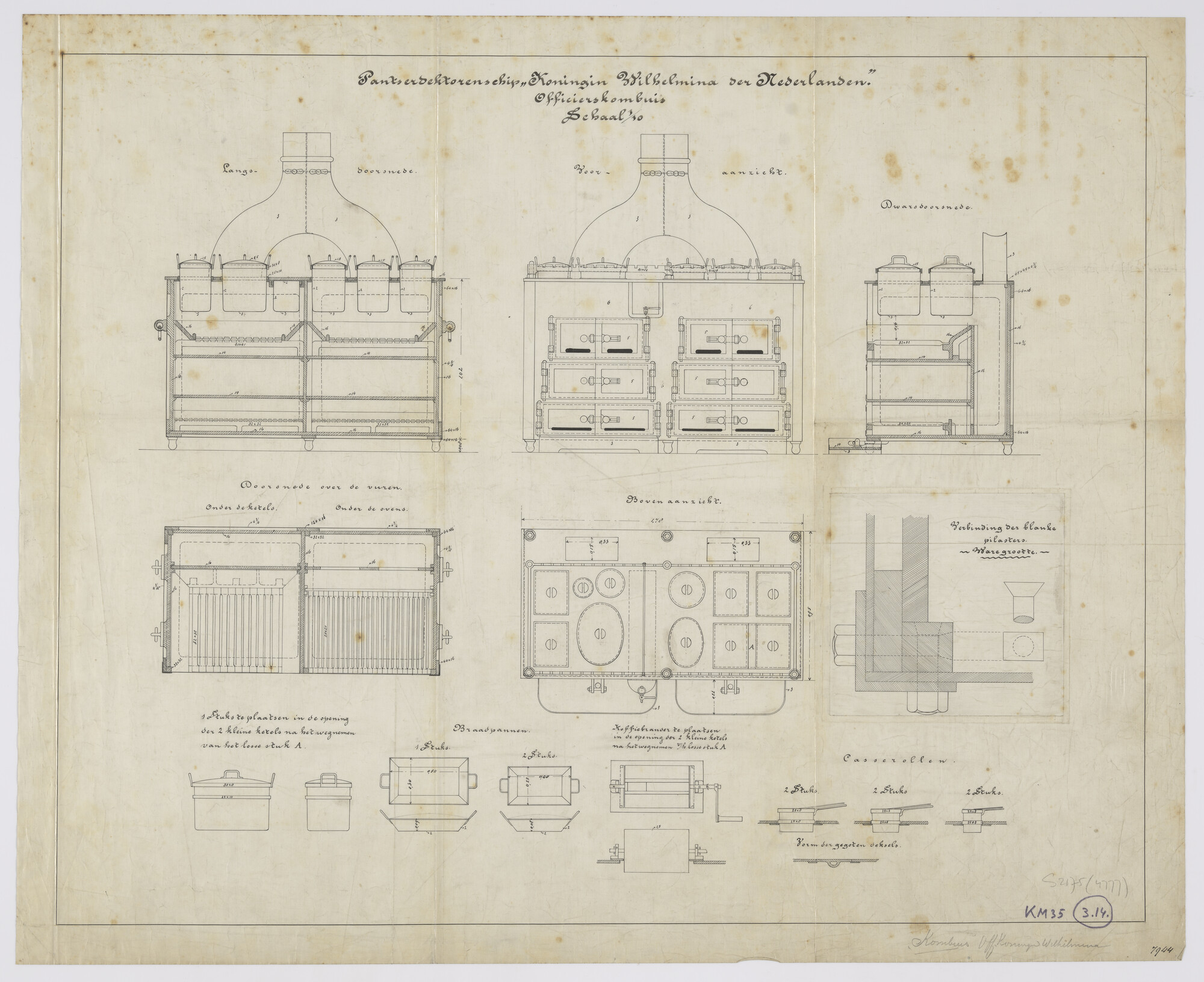 S.2175(4777); Officierskombuis aan boord van het pantserdektorenschip Hr.Ms. 'Koningin Wilhelmina der Nederlanden'; technische tekening