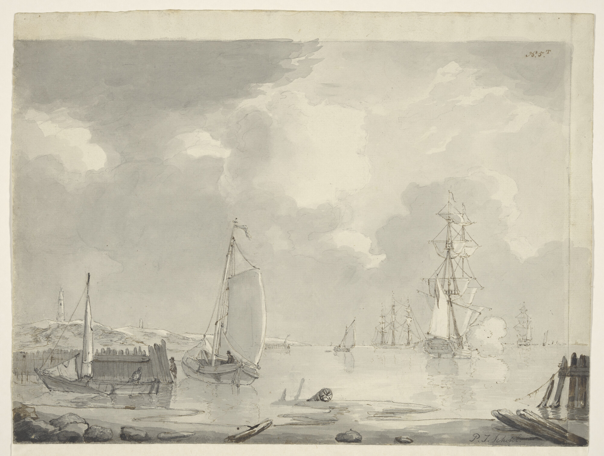 A.2175; Scheepvaart op een Hollandse rede; tekening