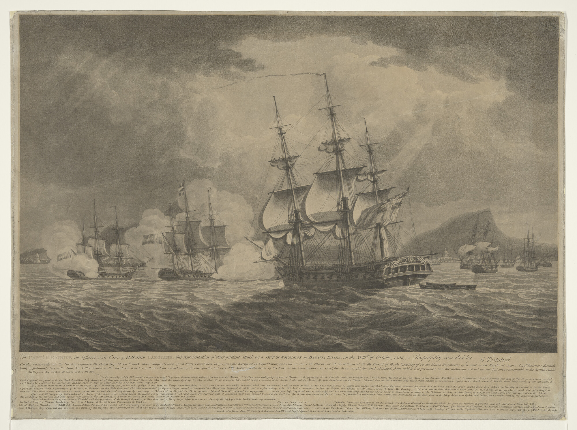 A.1236; Aanval van het Engelse schip 'Caroline' op de Nederlanders op de rede van Batavia; prent
