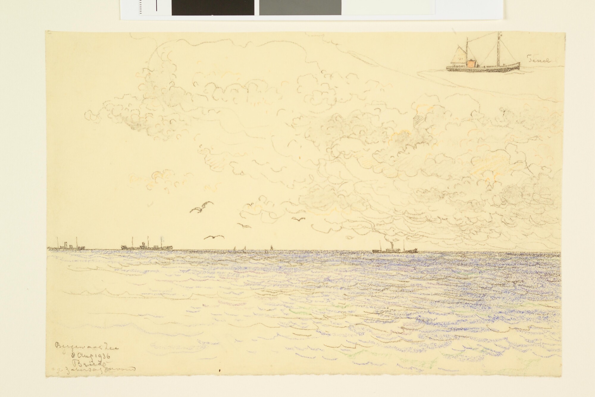 A.4894(08); Schepen op zee, gezien vanaf het strand van Bergen aan Zee, 1936; tekening