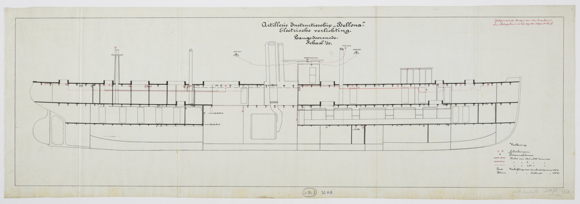 S.2175(4302); Elektrische verlichting van het artillerie instructieschip Hr.Ms. 'Bellona'; technische tekening