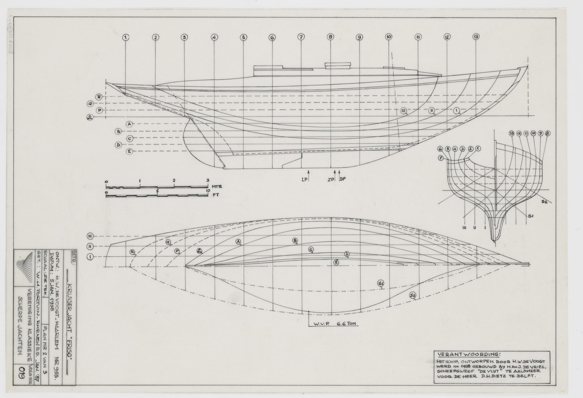 2023.0290-1; Technische tekening van het kruiserjacht Friso; technische tekening